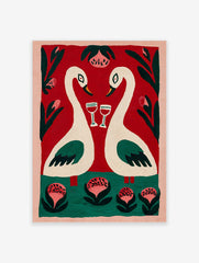 Romantic folk art painting of two cream swans with wine glasses, red background, green foliage, pink flowers