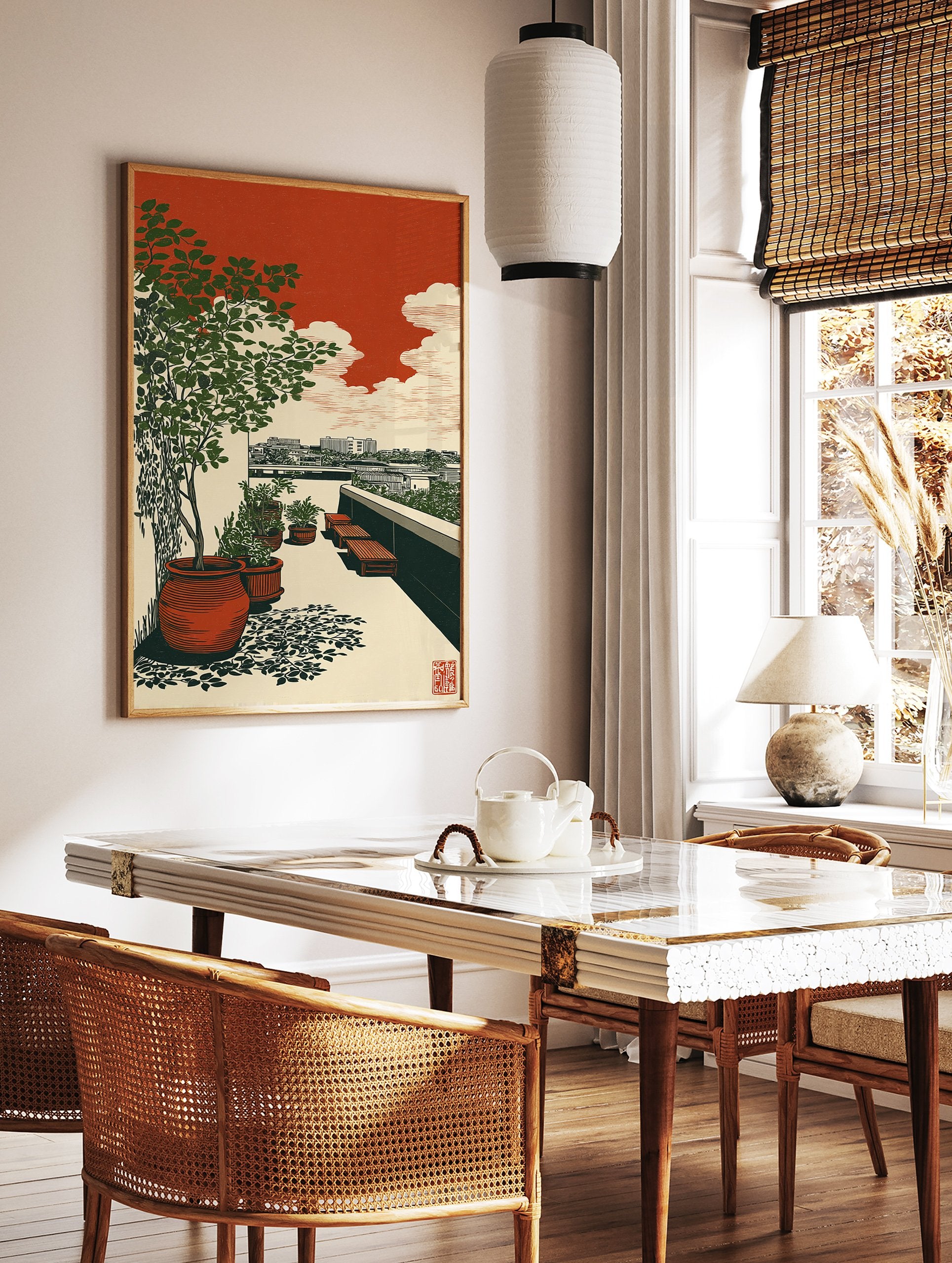 Japanese woodblock style art print of a rooftop garden with green potted plants, benches, and city skyline under a red sky. - Image 2