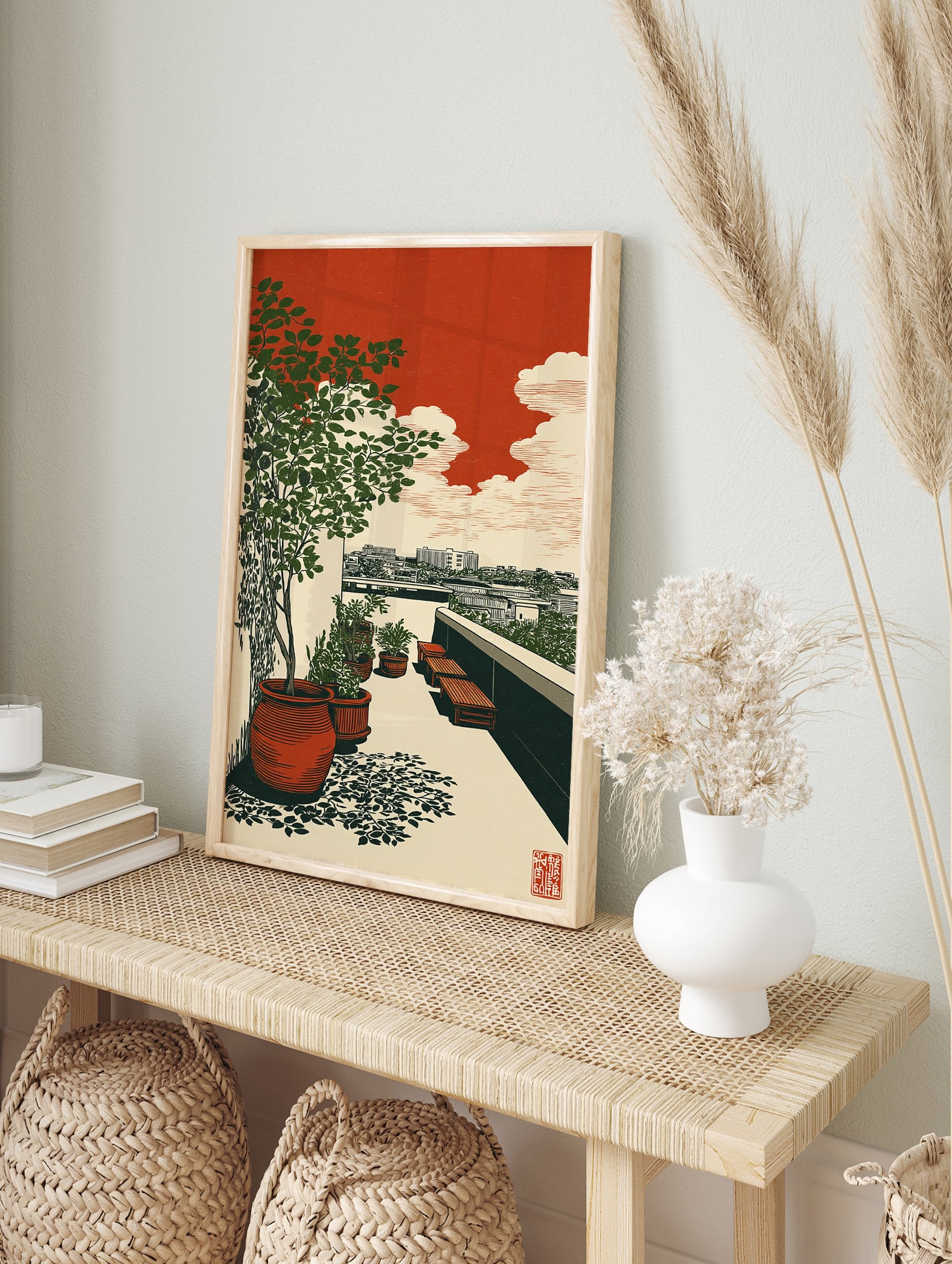 Japanese woodblock style art print of a rooftop garden with green potted plants, benches, and city skyline under a red sky. - Image 3