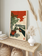 Japanese woodblock style art print of a rooftop garden with green potted plants, benches, and city skyline under a red sky. - Image 3