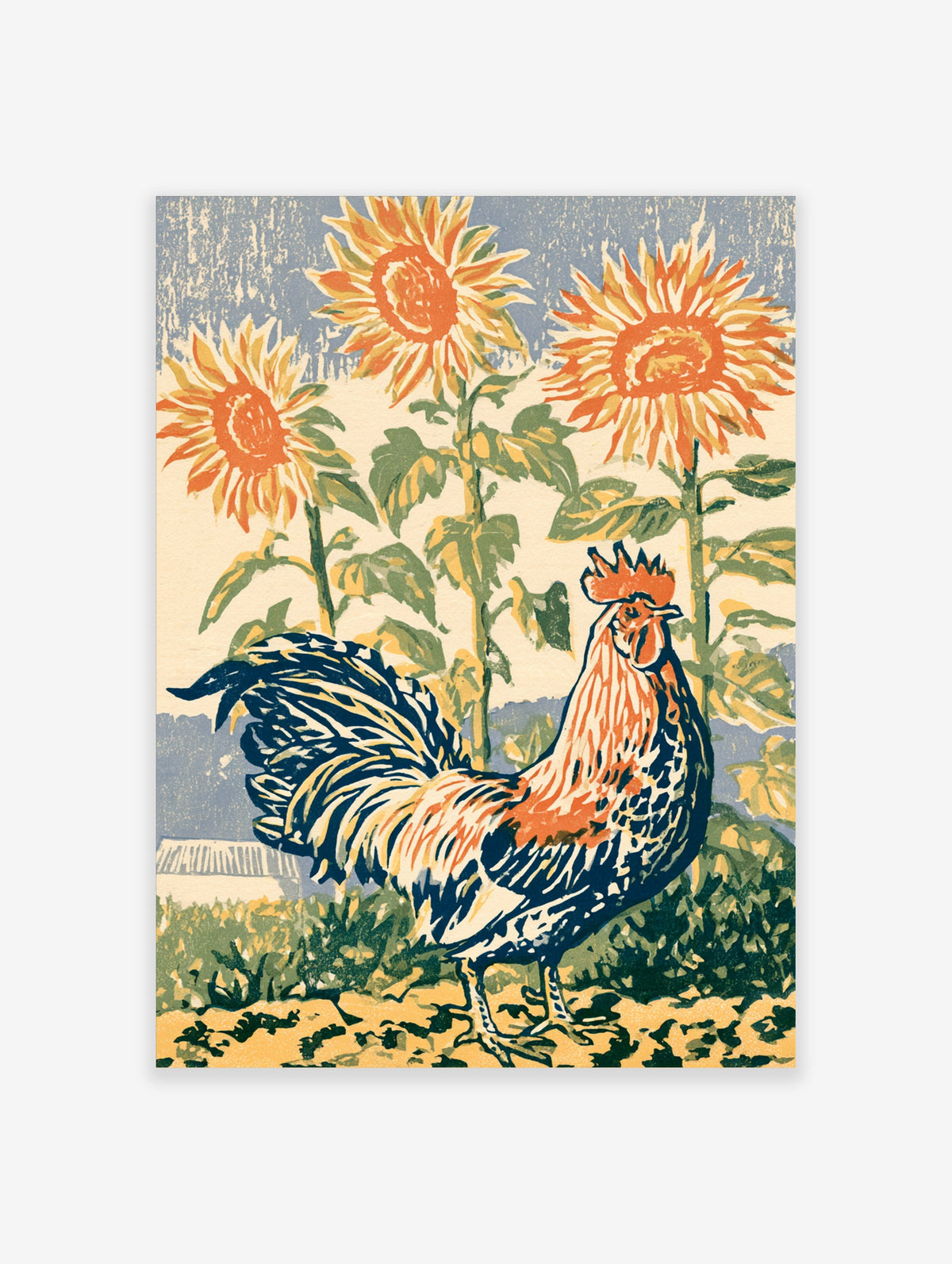 Rooster and sunflowers art print with crowing cockerel and orange blooms on blue sky background
