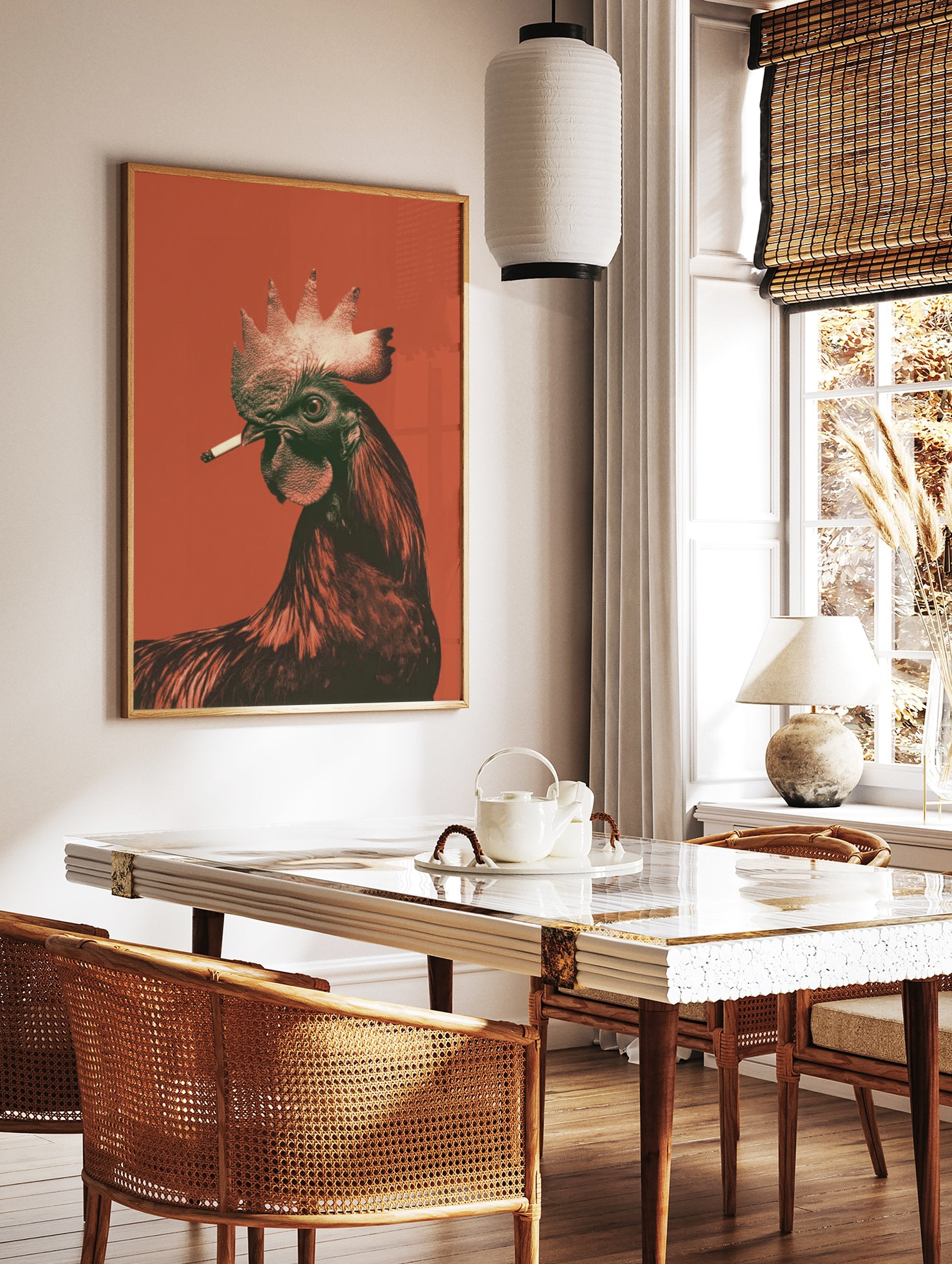 A striking Rooster Smoking Poster, a surreal illustration of a rooster with a cigarette against a vibrant orange background. - Image 2