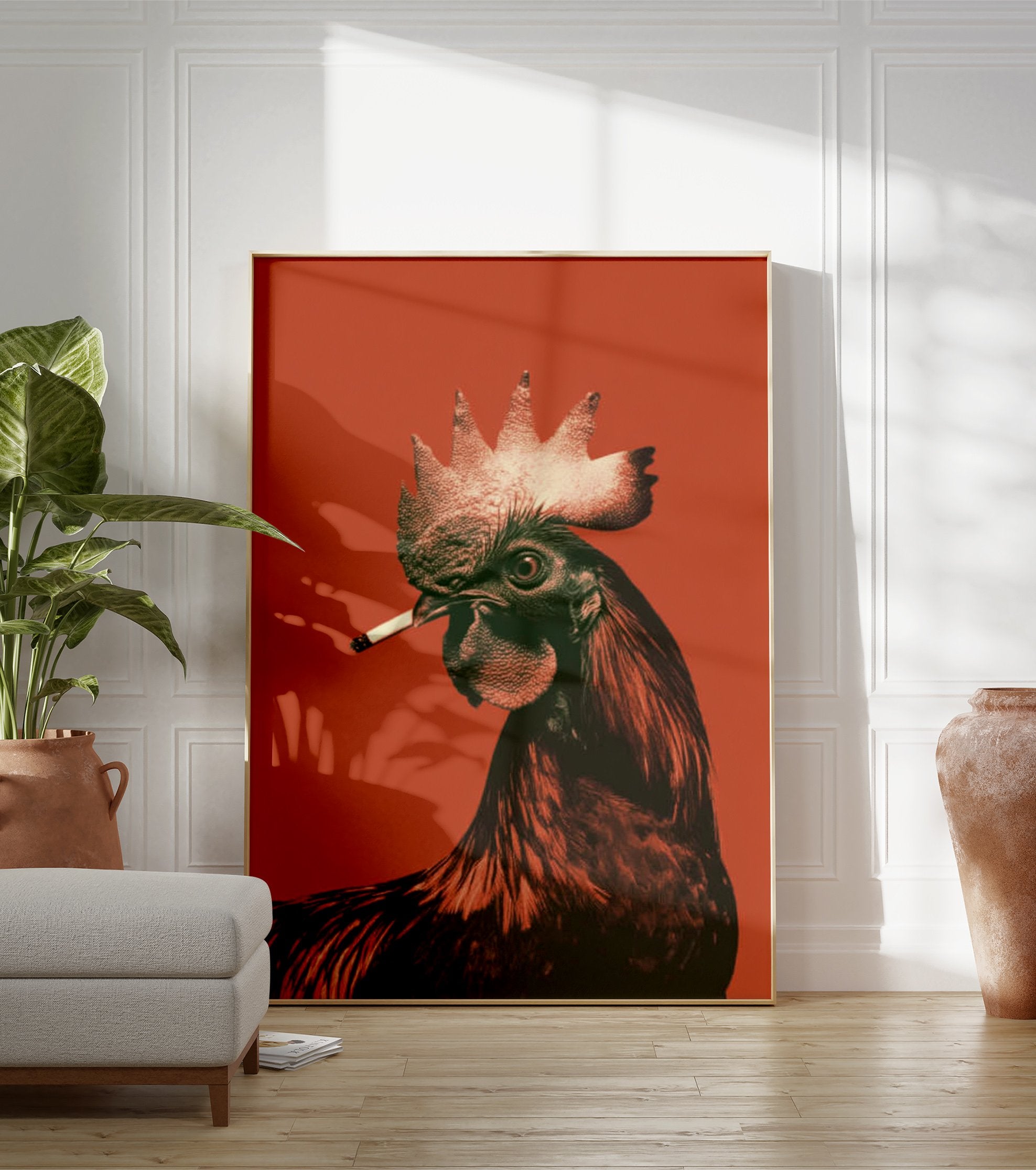 A striking Rooster Smoking Poster, a surreal illustration of a rooster with a cigarette against a vibrant orange background. - Image 3