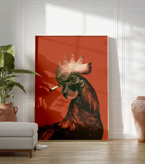 A striking Rooster Smoking Poster, a surreal illustration of a rooster with a cigarette against a vibrant orange background. - Image 3