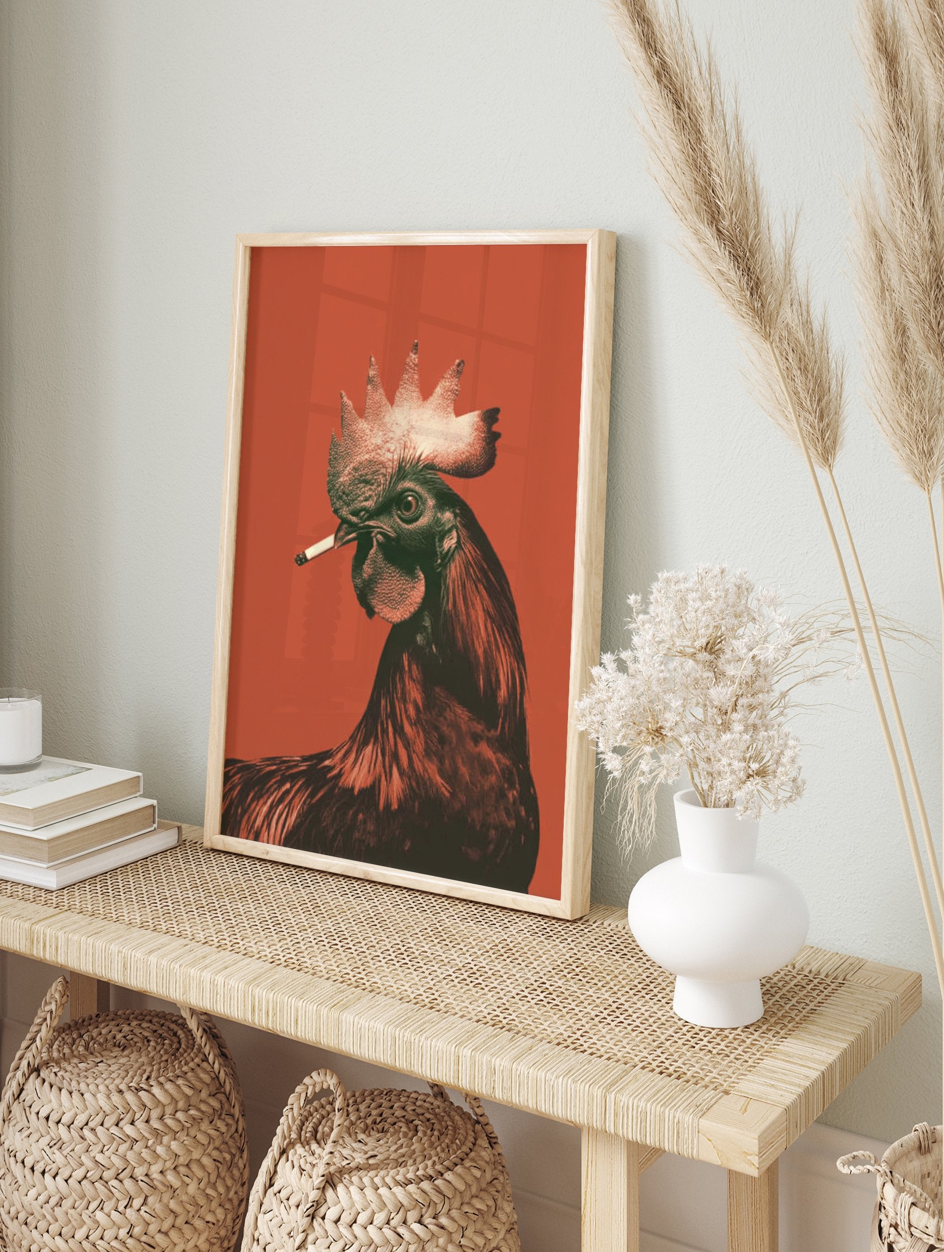 A striking Rooster Smoking Poster, a surreal illustration of a rooster with a cigarette against a vibrant orange background. - Image 4
