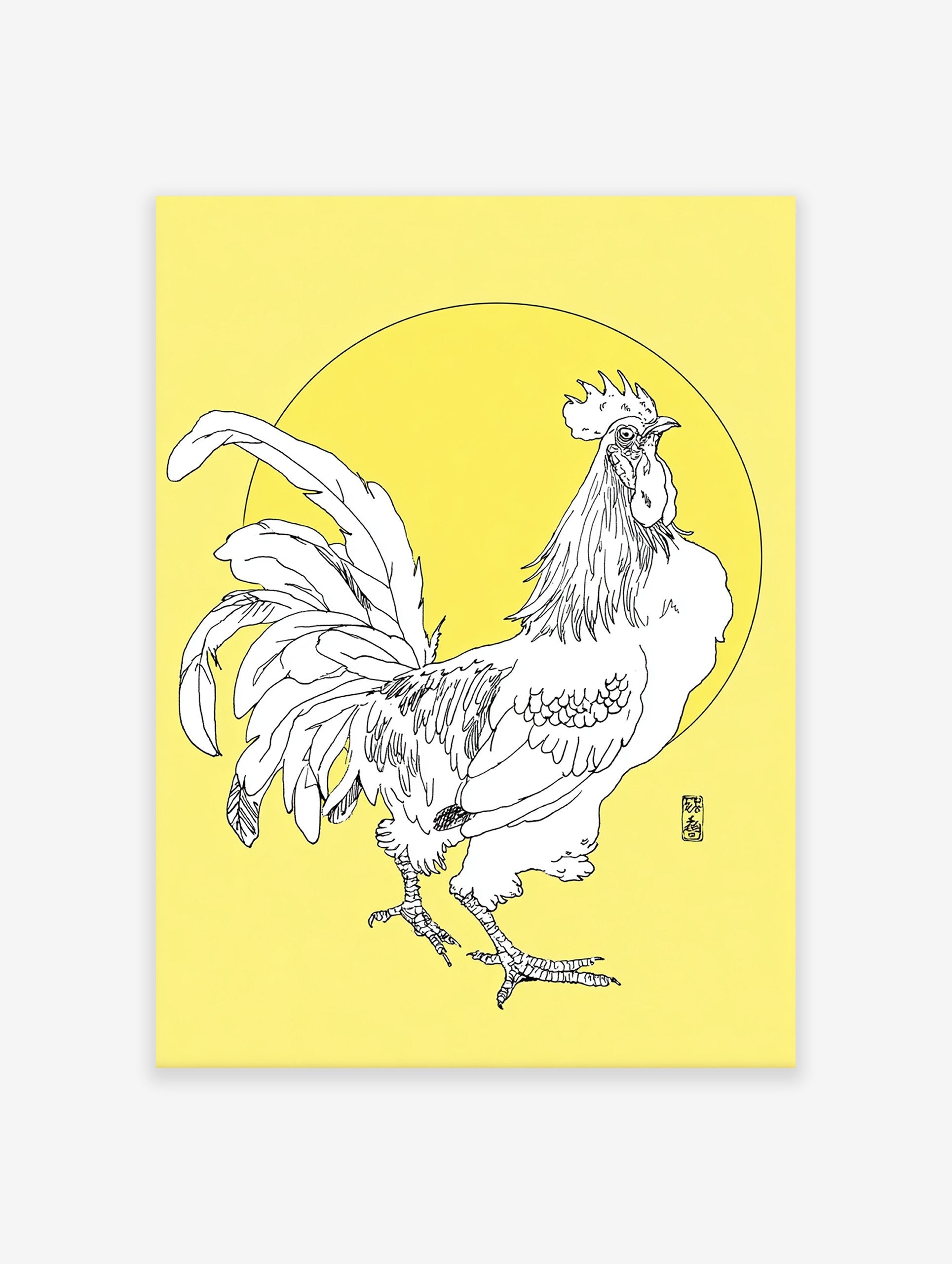 Black and white line art illustration of a rooster on a bright yellow background, with a circular element. Rooster wall art.