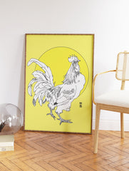 Black and white line art illustration of a rooster on a bright yellow background, with a circular element. Rooster wall art. - Image 2