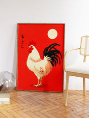 Japanese Rooster Wall Art print with a white rooster, black tail, and yellow sun on a vibrant red background. - Image 2