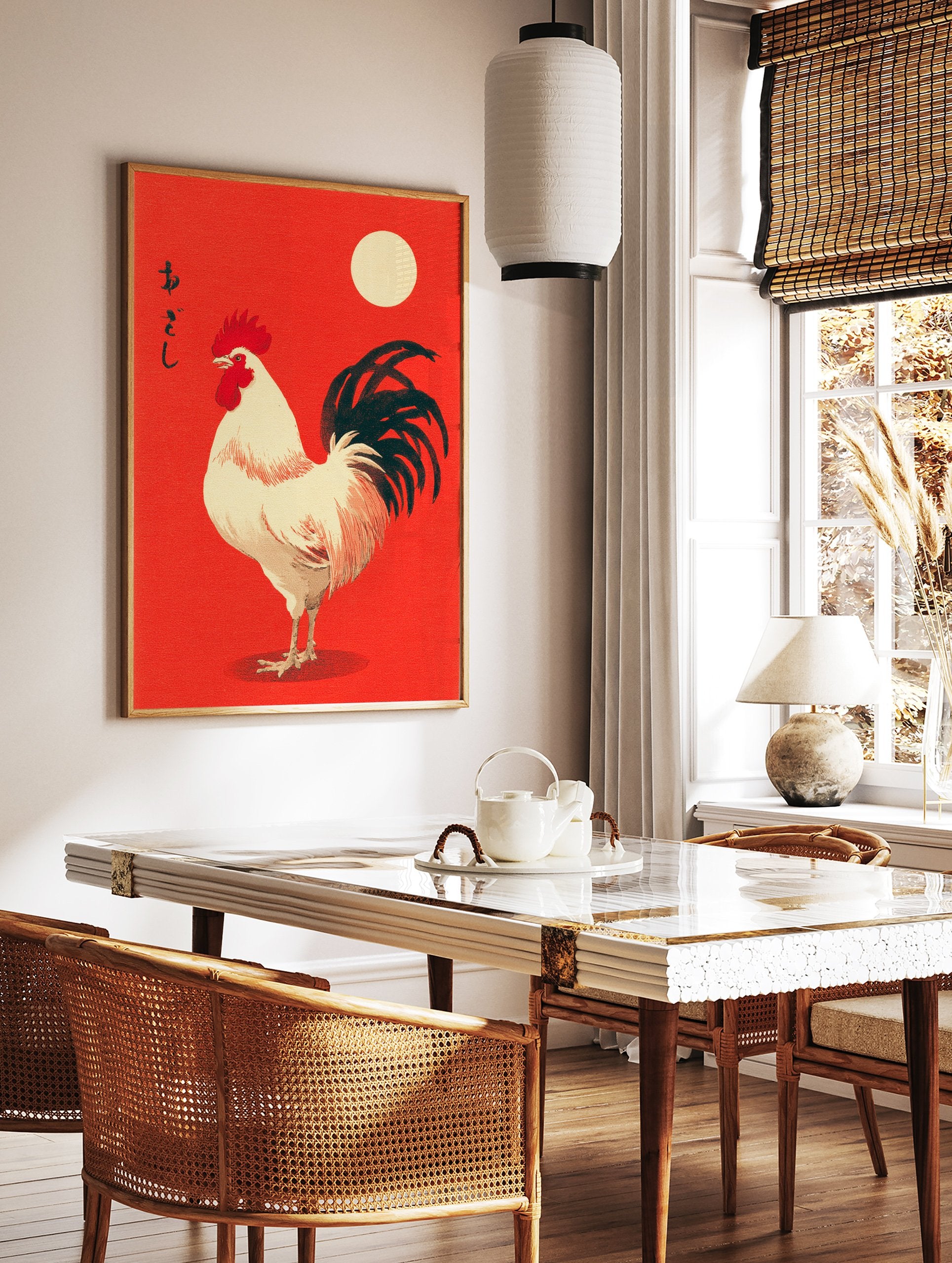 Japanese Rooster Wall Art print with a white rooster, black tail, and yellow sun on a vibrant red background. - Image 3