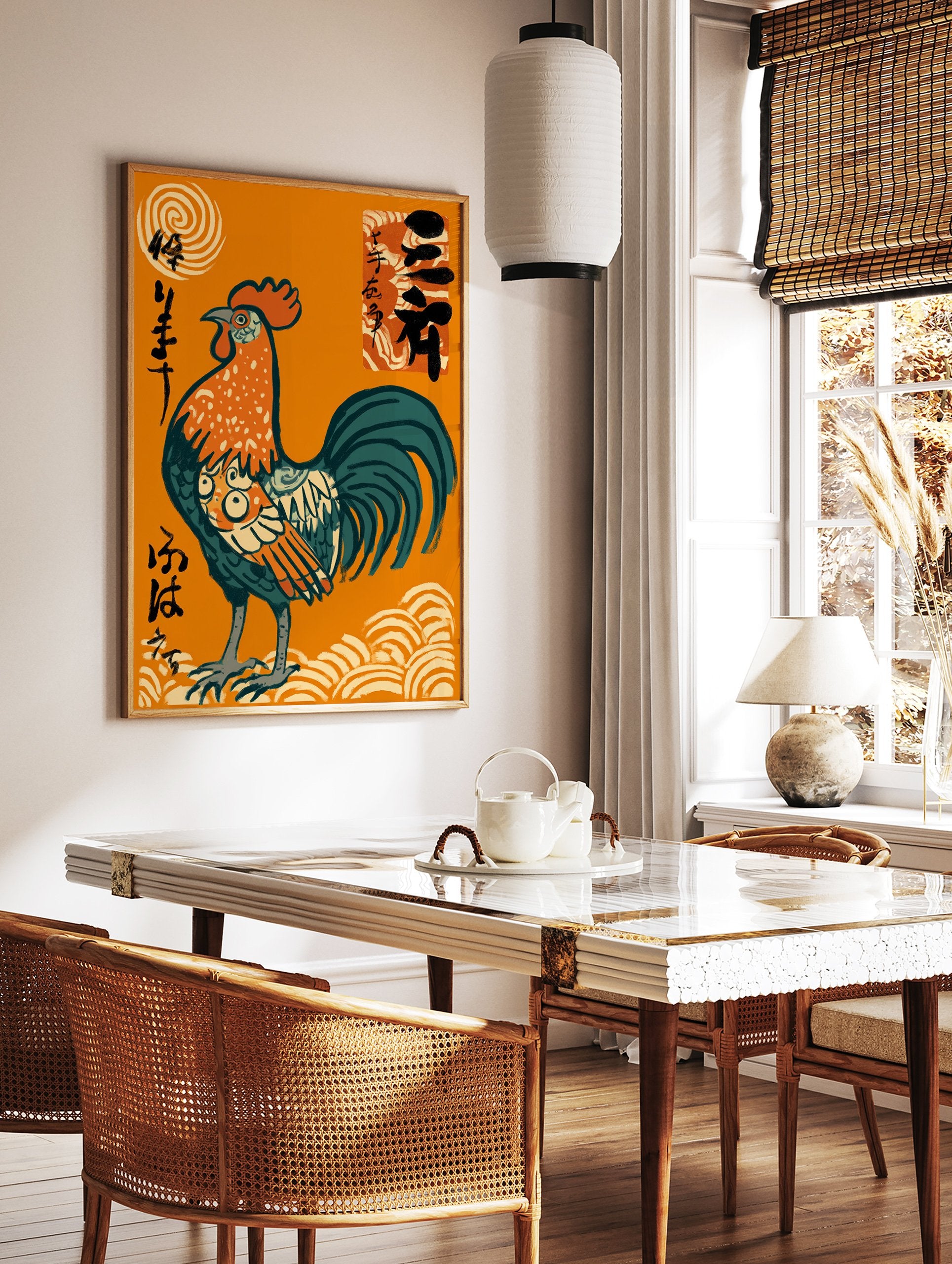 Vibrant Japanese Rooster Wall Art illustration featuring a stylized rooster, traditional script, sun, and waves on an orange background. - Image 3