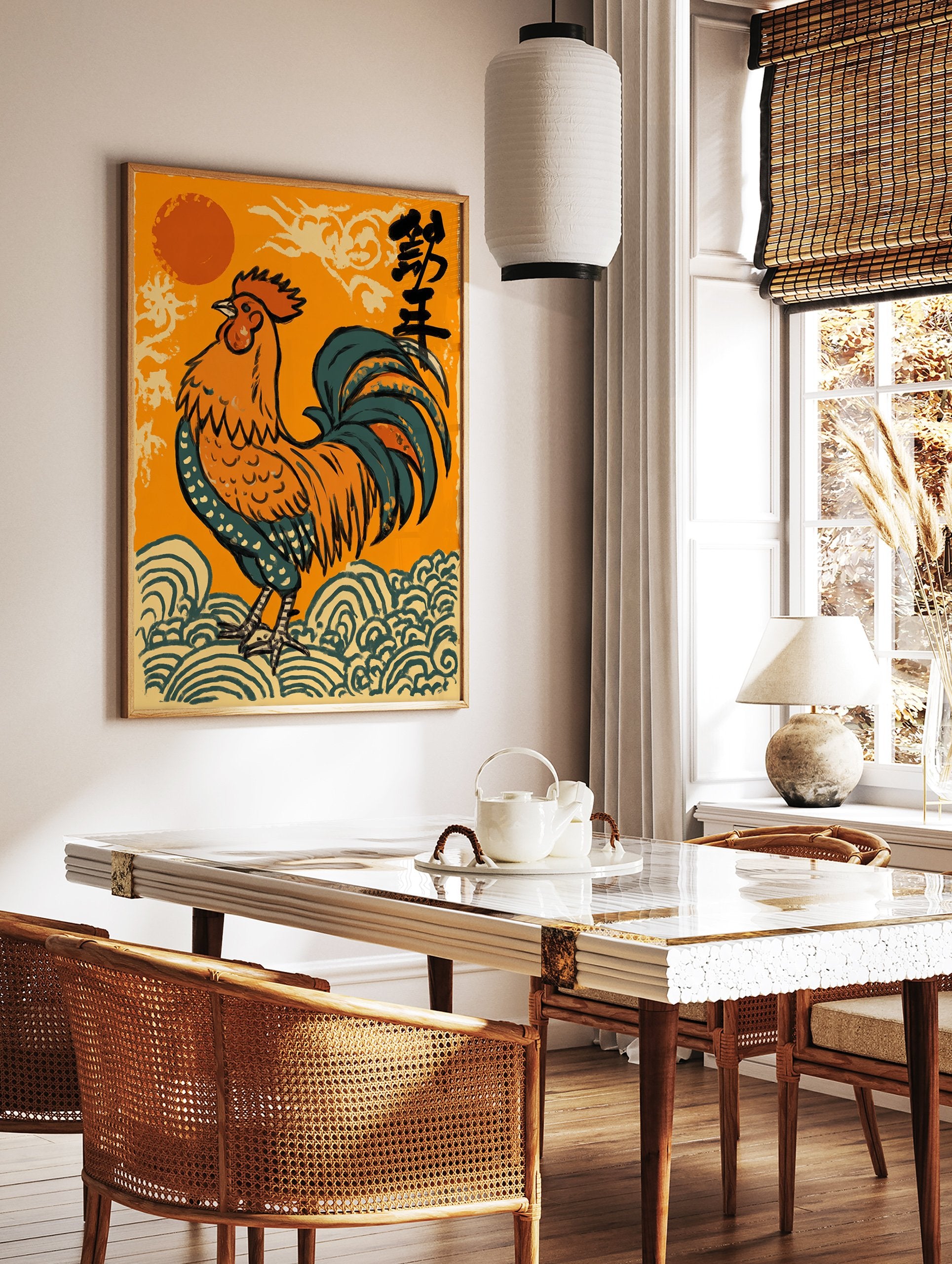 Japanese style rooster wall art illustration with vibrant orange background, green tail feathers, and black calligraphy over waves. - Image 3