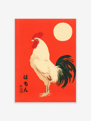 Japanese rooster wall art print on a vibrant red background with a white rooster, black tail, and cream sun.