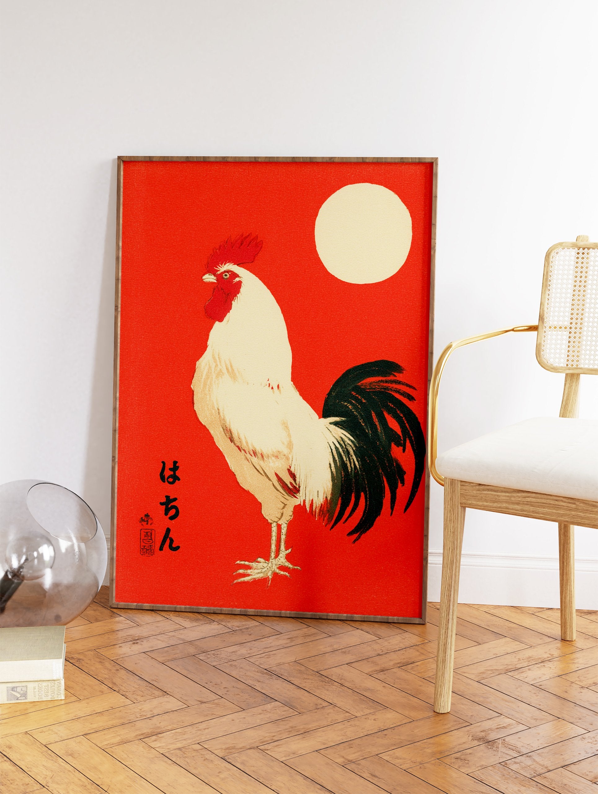 Japanese rooster wall art print on a vibrant red background with a white rooster, black tail, and cream sun. - Image 2