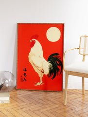 Japanese rooster wall art print on a vibrant red background with a white rooster, black tail, and cream sun. - Image 2