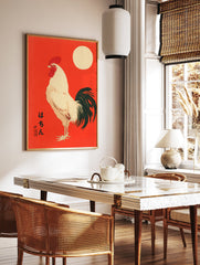 Japanese rooster wall art print on a vibrant red background with a white rooster, black tail, and cream sun. - Image 3