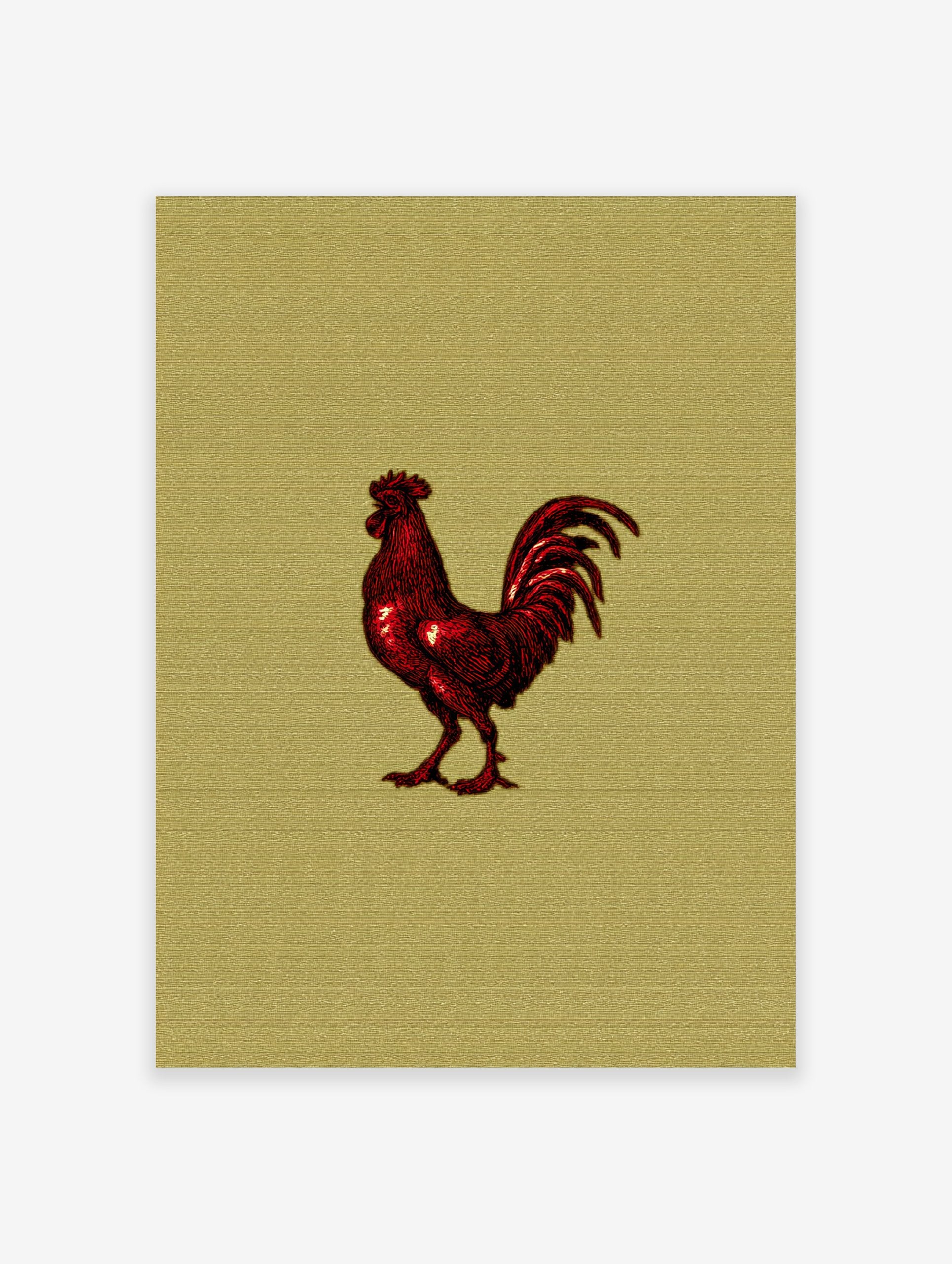 Vibrant red rooster illustration on a textured golden background, a bold farm animal wall art print.