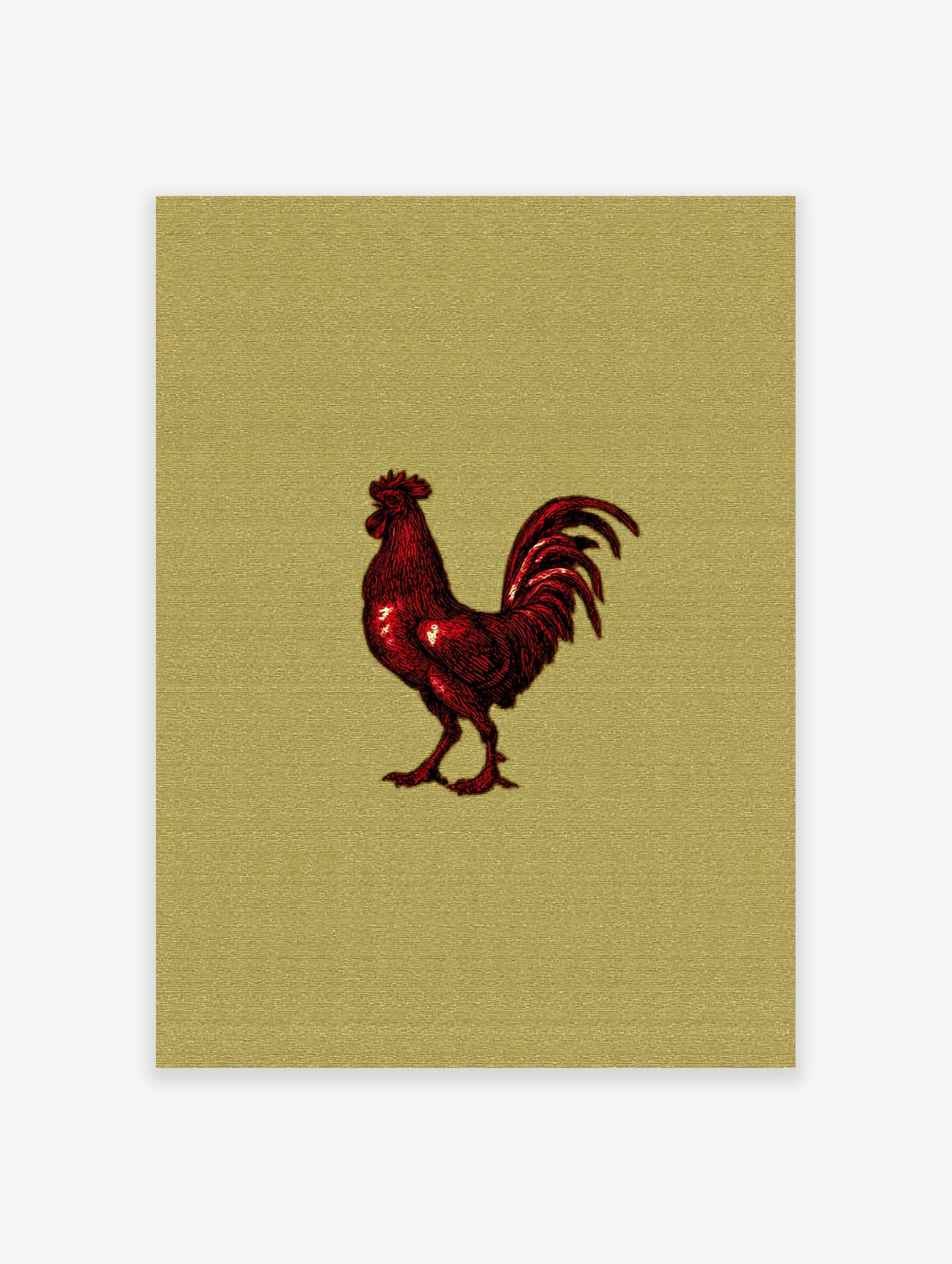 Vibrant red rooster illustration on a textured golden background, a bold farm animal wall art print.