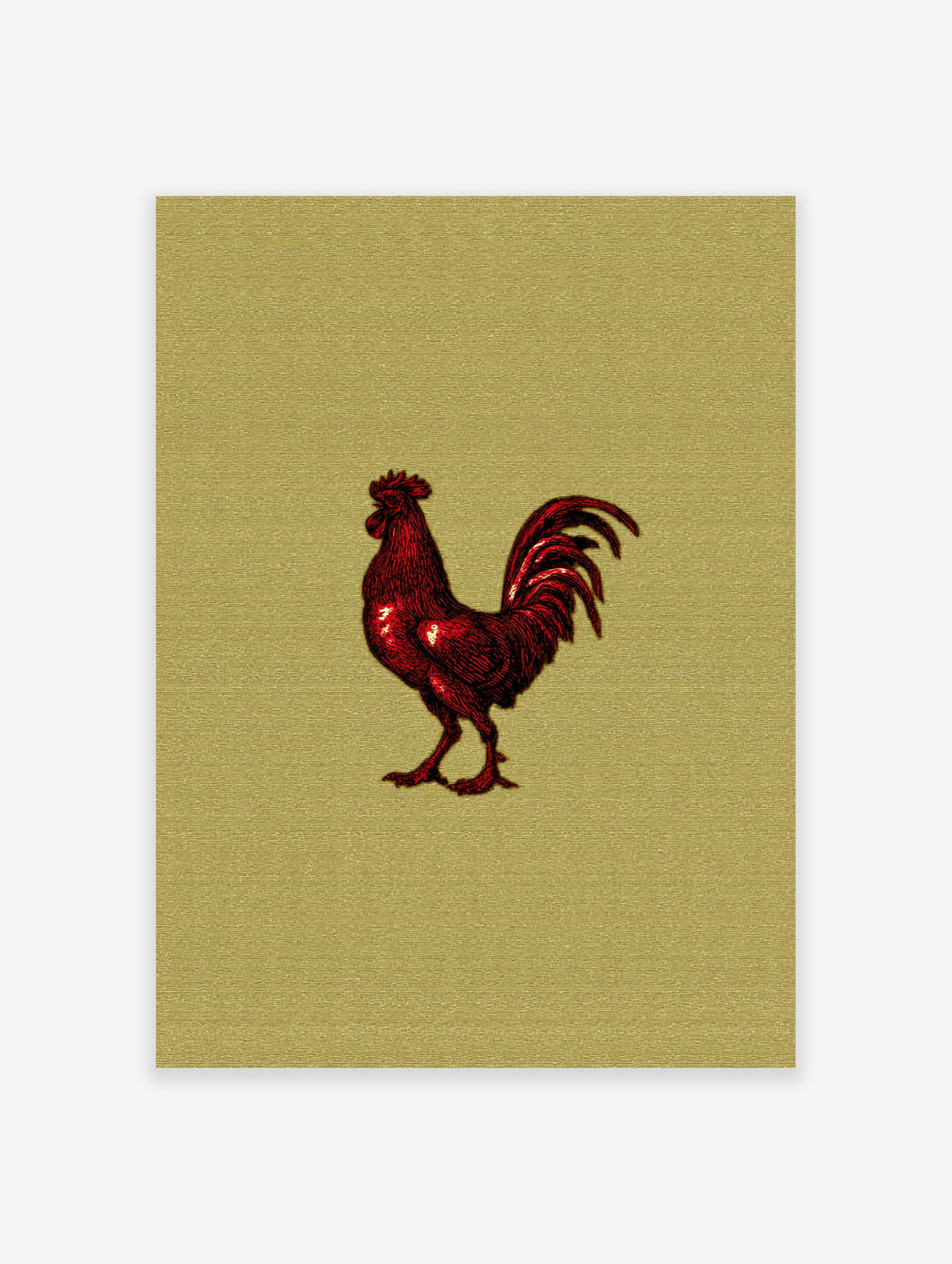 Vibrant red rooster illustration on a textured golden background, a bold farm animal wall art print.