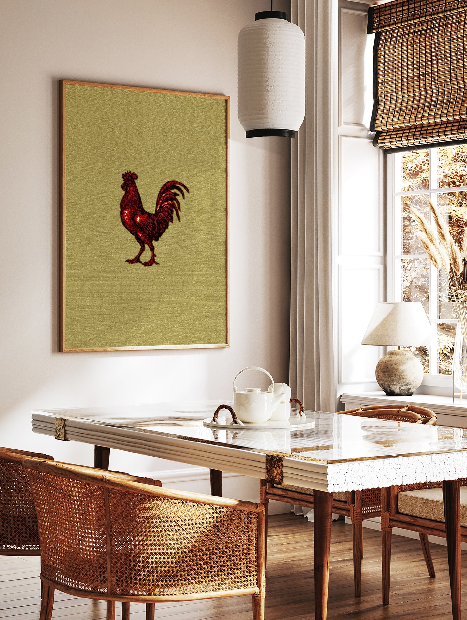Vibrant red rooster illustration on a textured golden background, a bold farm animal wall art print. - Image 3