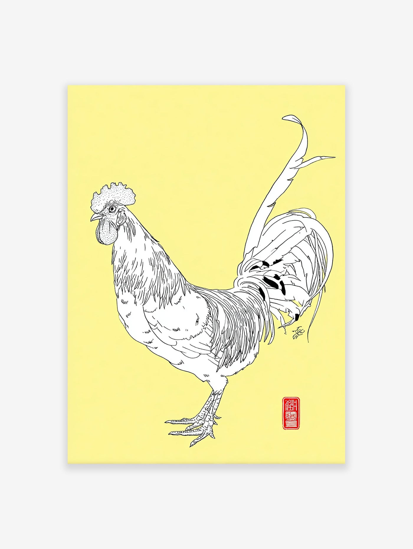 Detailed black and white rooster illustration art print on a vibrant yellow background.