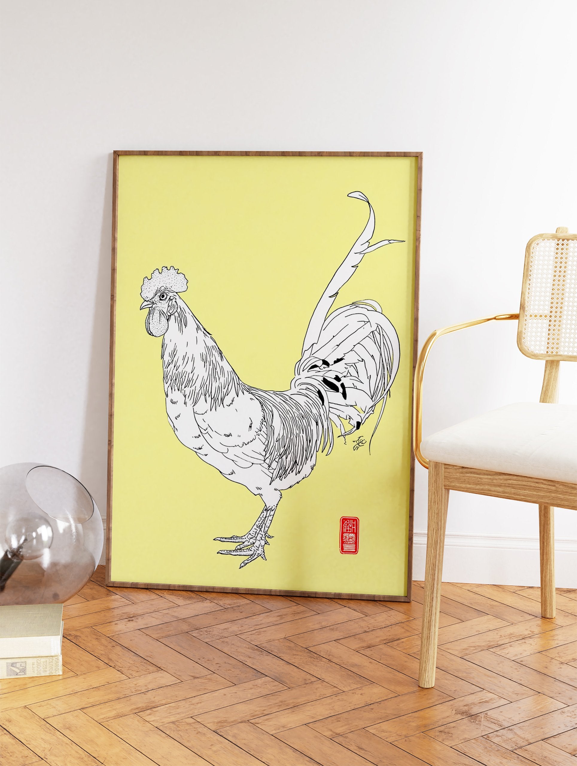 Detailed black and white rooster illustration art print on a vibrant yellow background. - Image 2