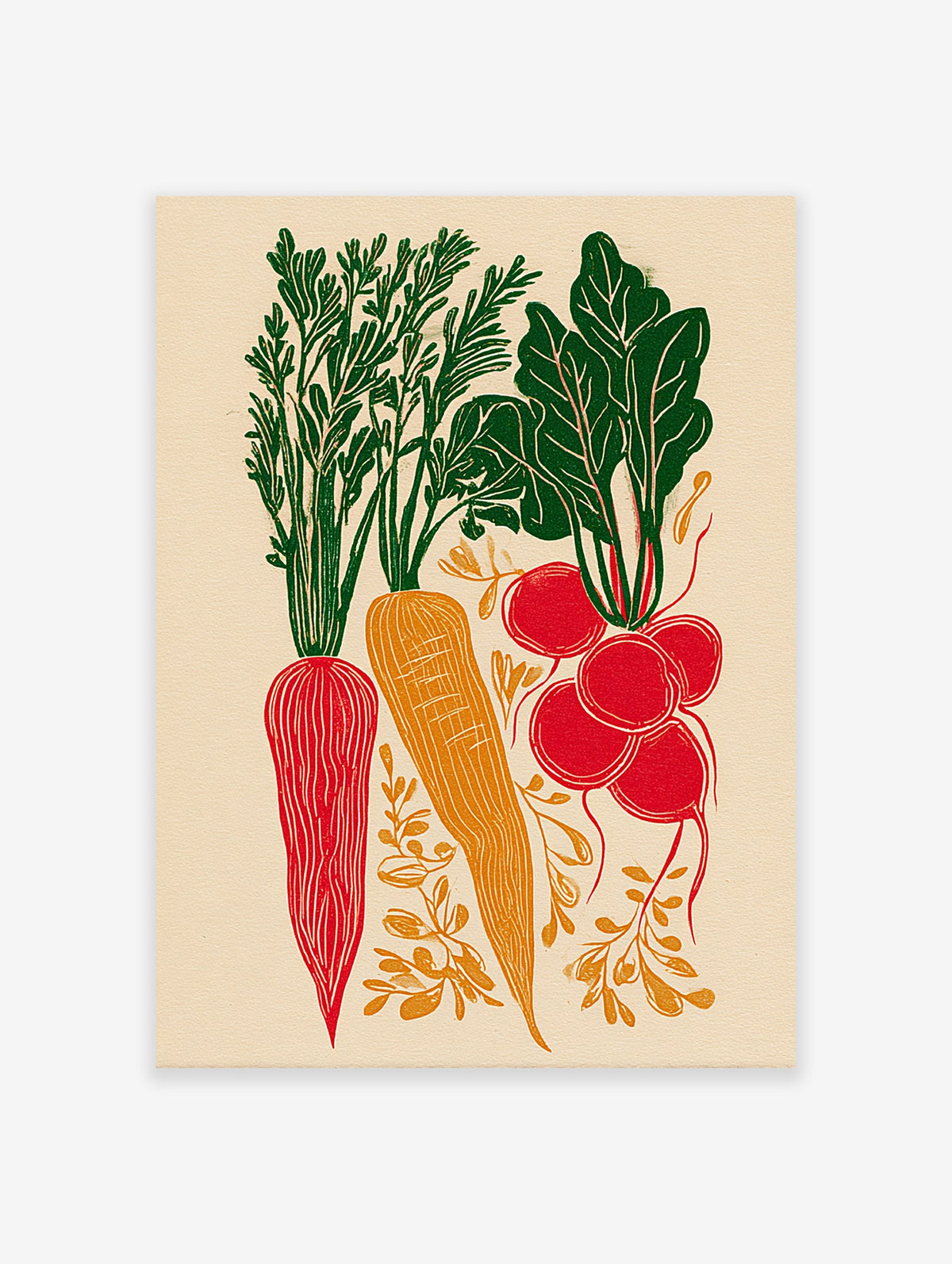 Root vegetable poster featuring red and orange carrots and radishes with green leaves in a block print style on a cream background.