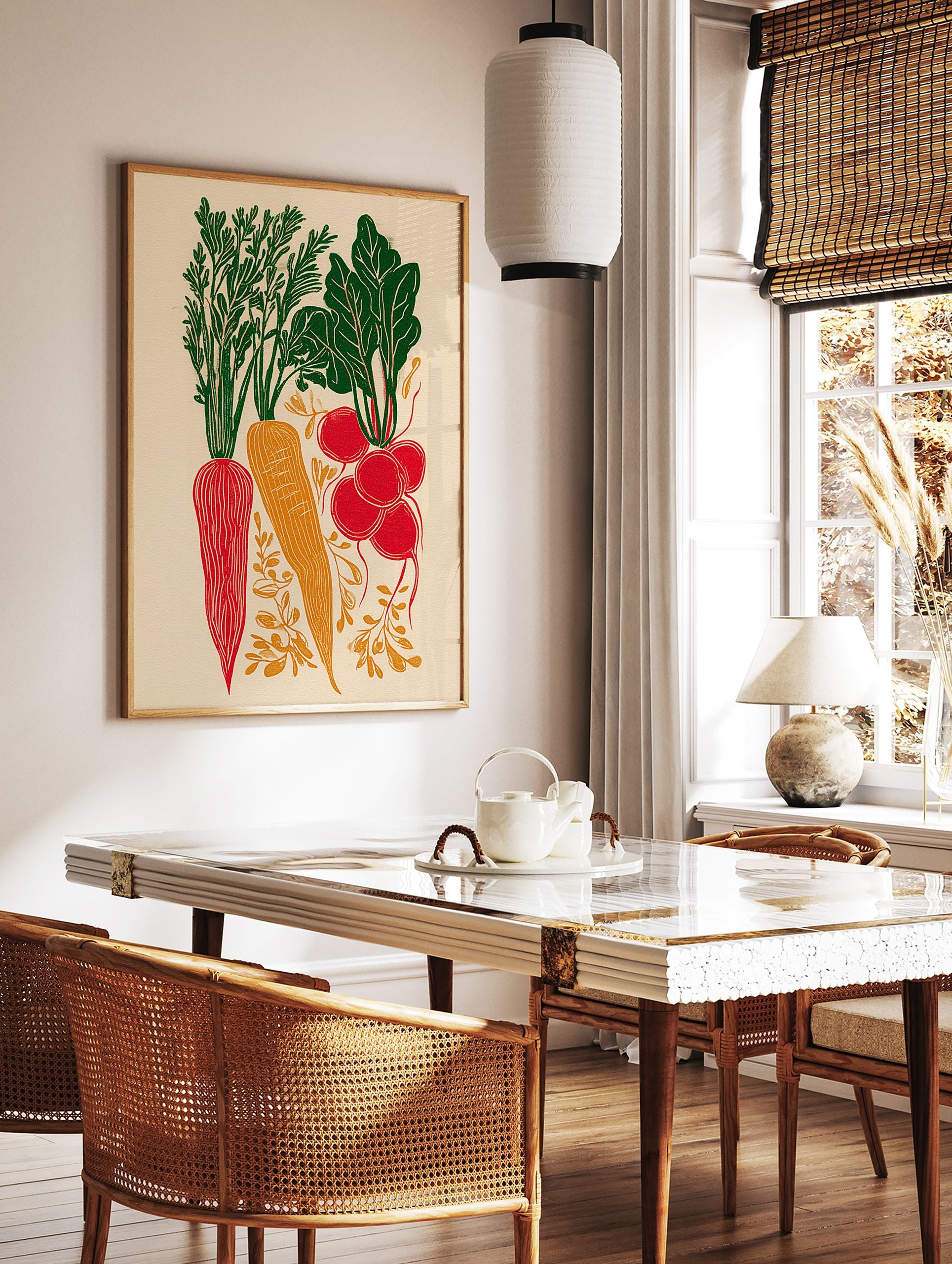 Root vegetable poster featuring red and orange carrots and radishes with green leaves in a block print style on a cream background. - Image 2