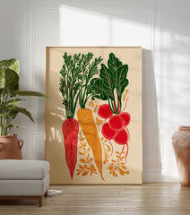 Root vegetable poster featuring red and orange carrots and radishes with green leaves in a block print style on a cream background. - Image 3