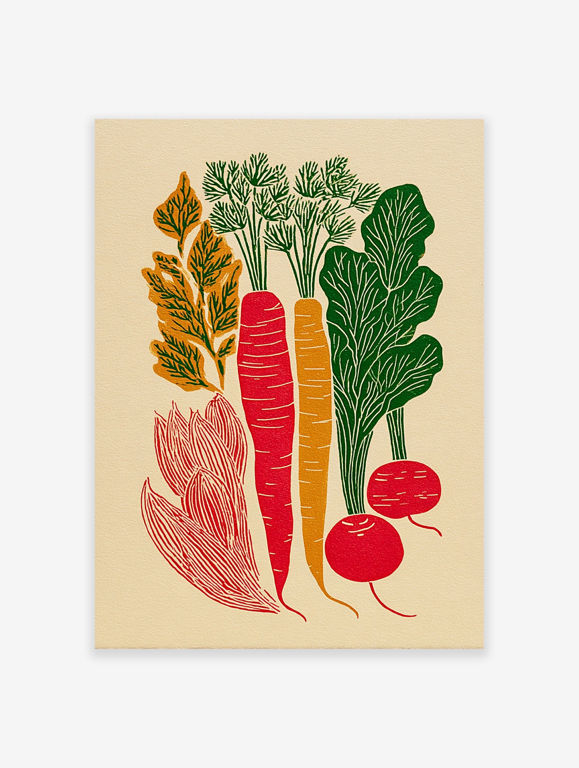Root vegetable poster with red carrots, orange carrot, green leaves, and red radishes on a cream background.