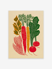 Root vegetable poster with red carrots, orange carrot, green leaves, and red radishes on a cream background.