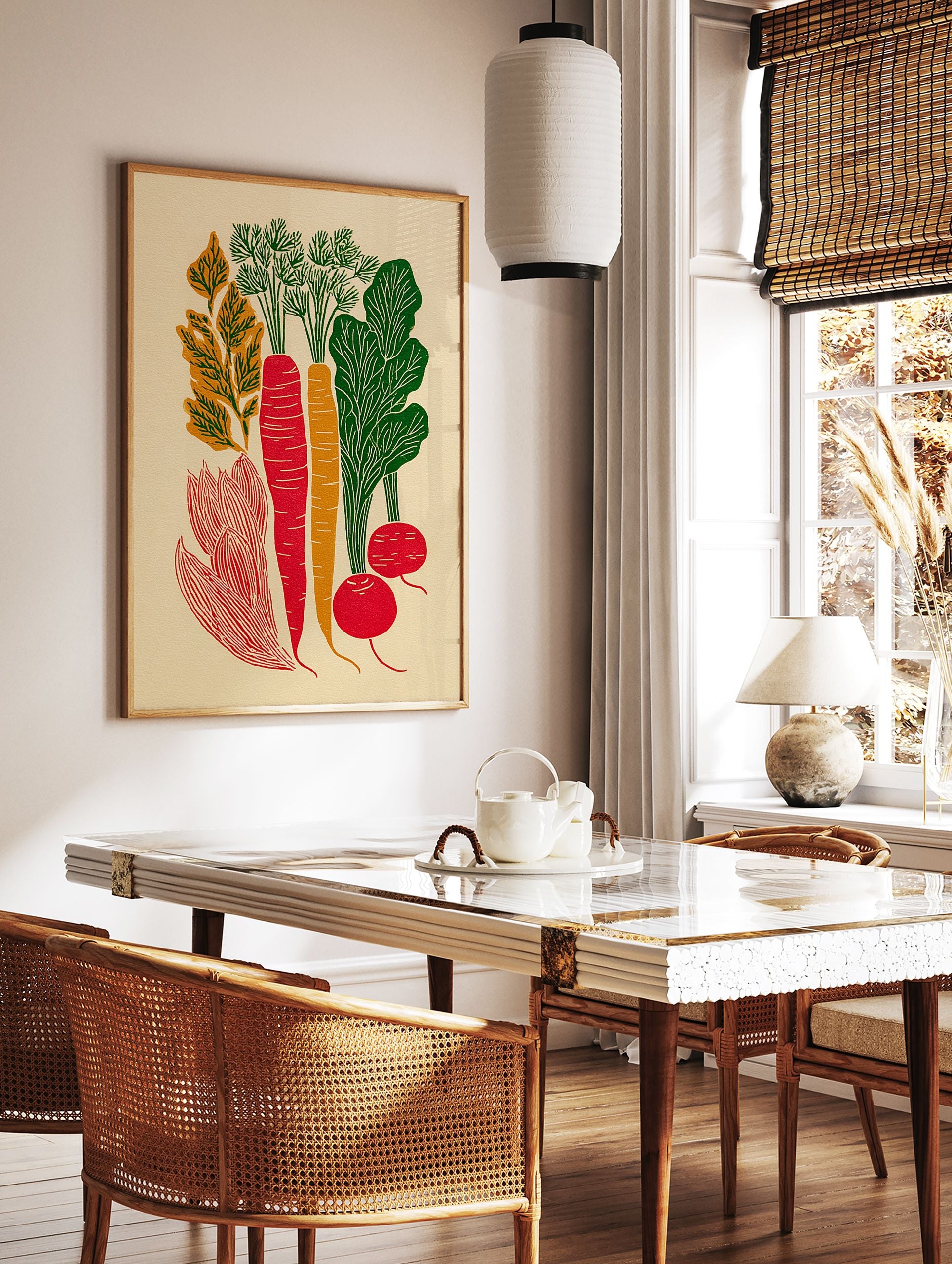 Root vegetable poster with red carrots, orange carrot, green leaves, and red radishes on a cream background. - Image 2