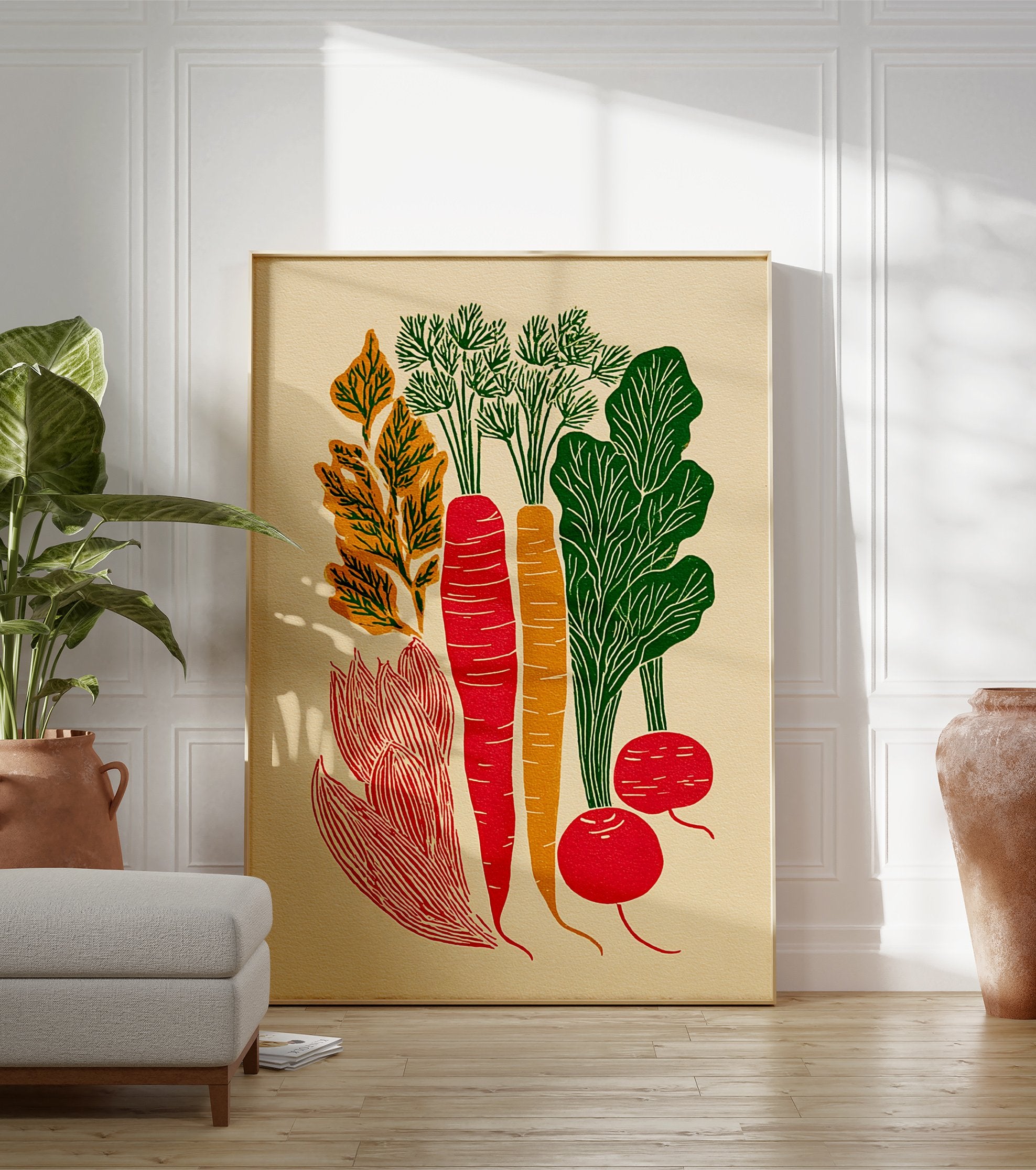 Root vegetable poster with red carrots, orange carrot, green leaves, and red radishes on a cream background. - Image 3