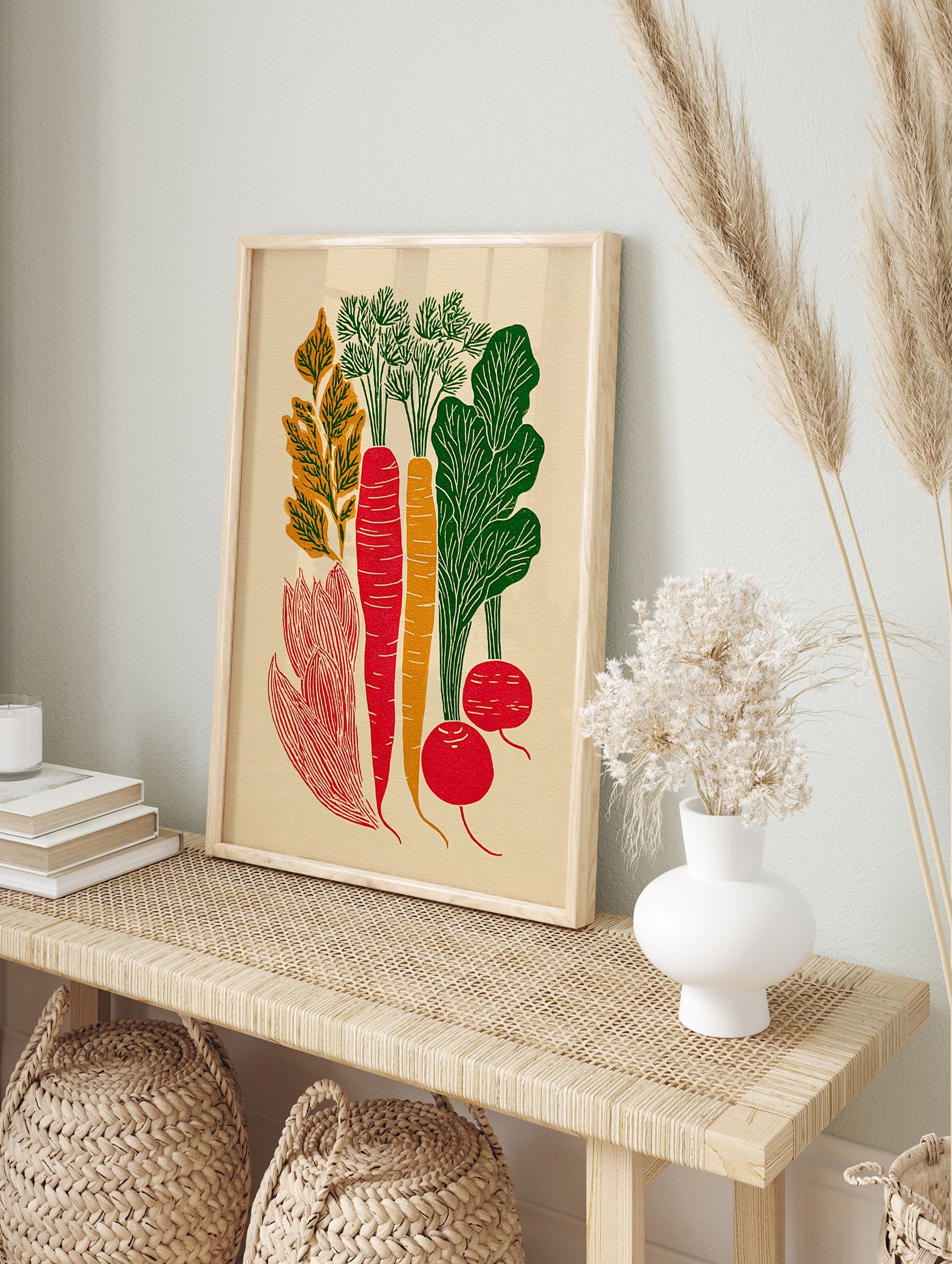 Root vegetable poster with red carrots, orange carrot, green leaves, and red radishes on a cream background. - Image 4