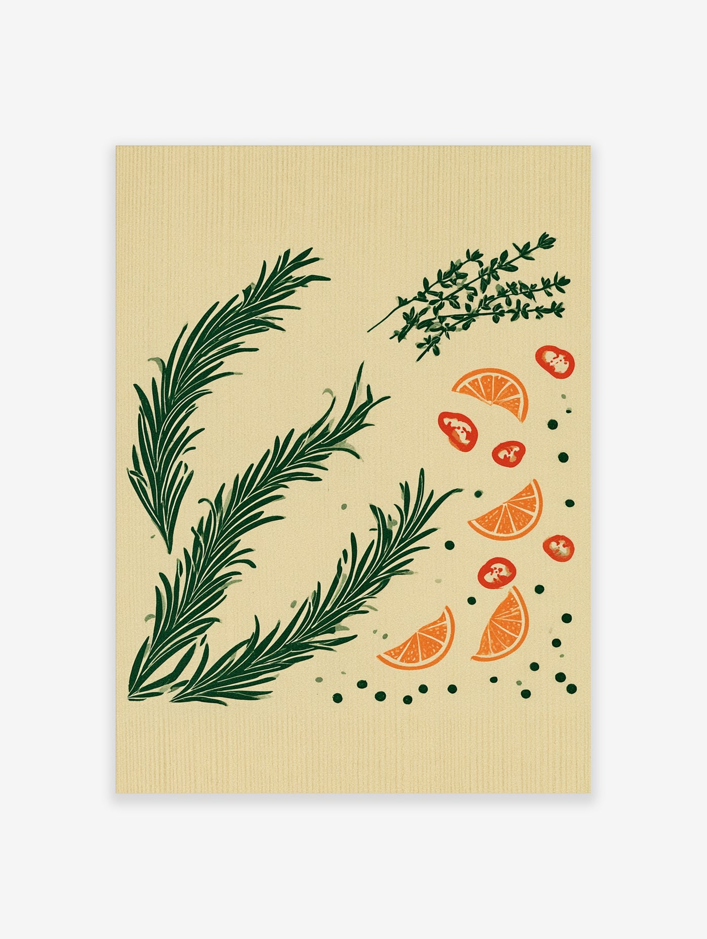 Botanical illustration featuring rosemary, thyme, orange slices, and red chilli on a textured beige background
