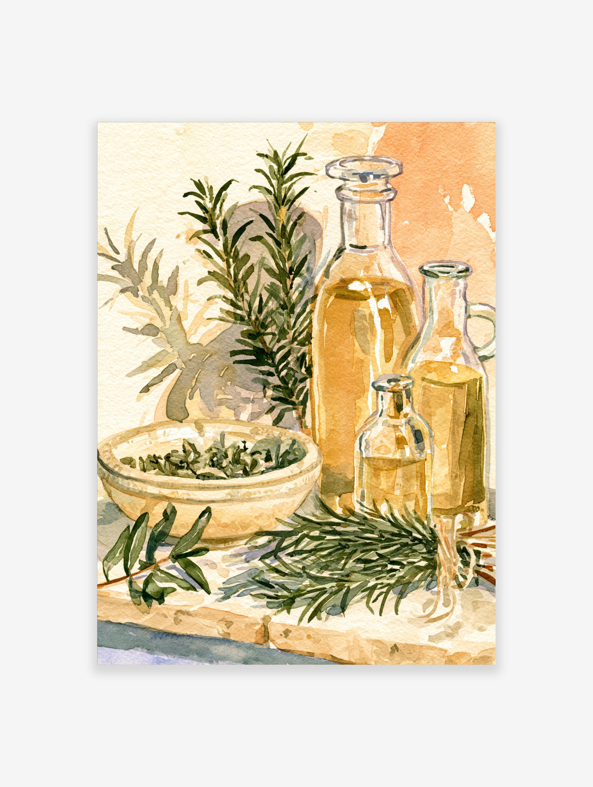 Watercolour still life of rosemary sprigs, olive oil bottles, and a shallow dish on a pale ledge