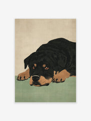 Rottweiler dog illustration art print with black and brown fur resting on a green surface, beige background.