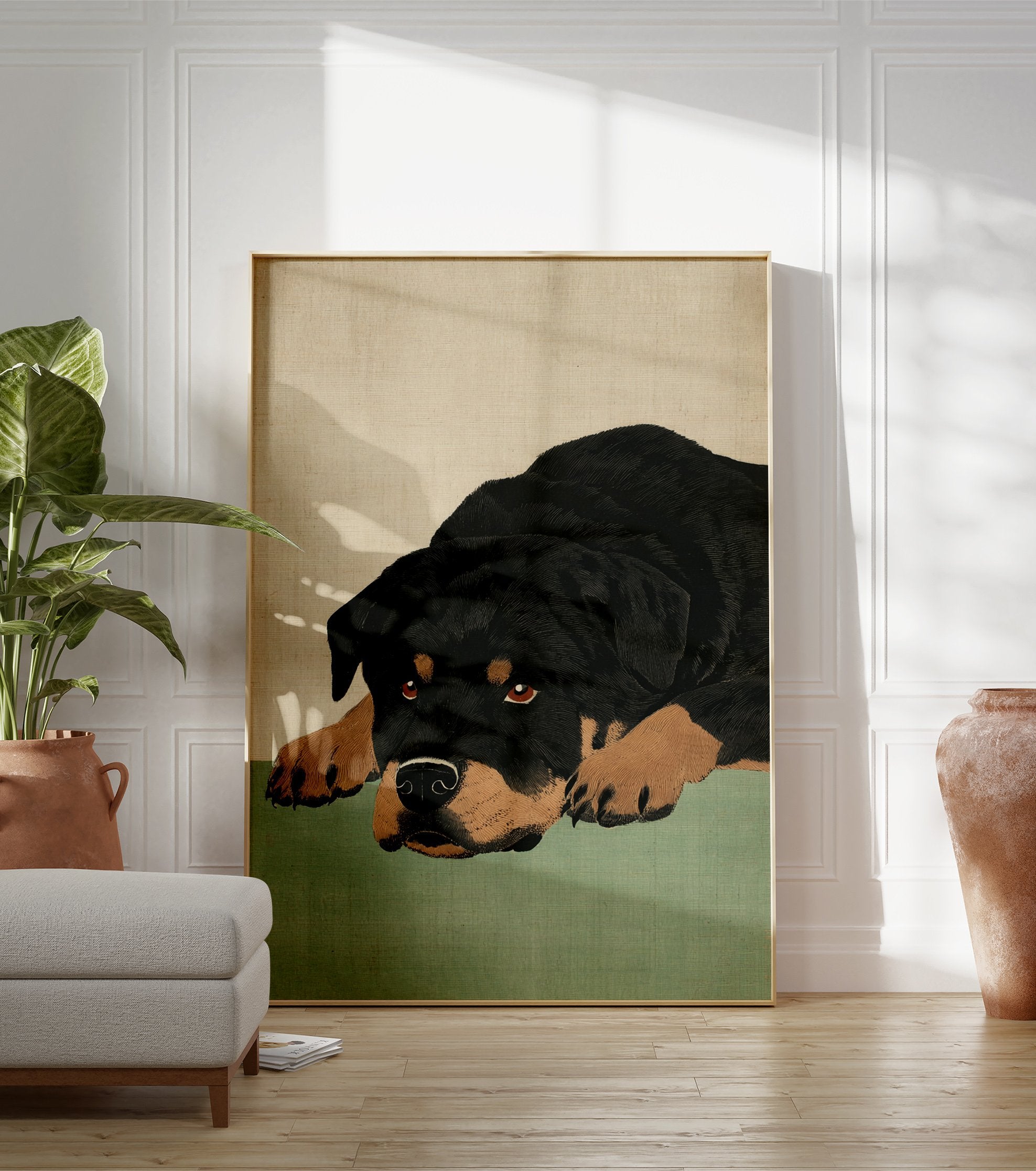 Rottweiler dog illustration art print with black and brown fur resting on a green surface, beige background. - Image 3
