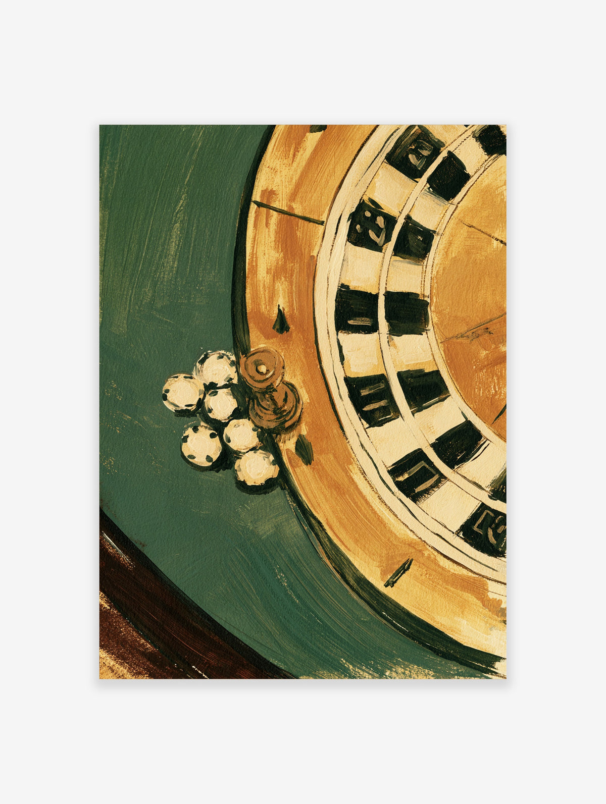 Roulette wheel poster with gold rim, black and white slots, and dice on green table