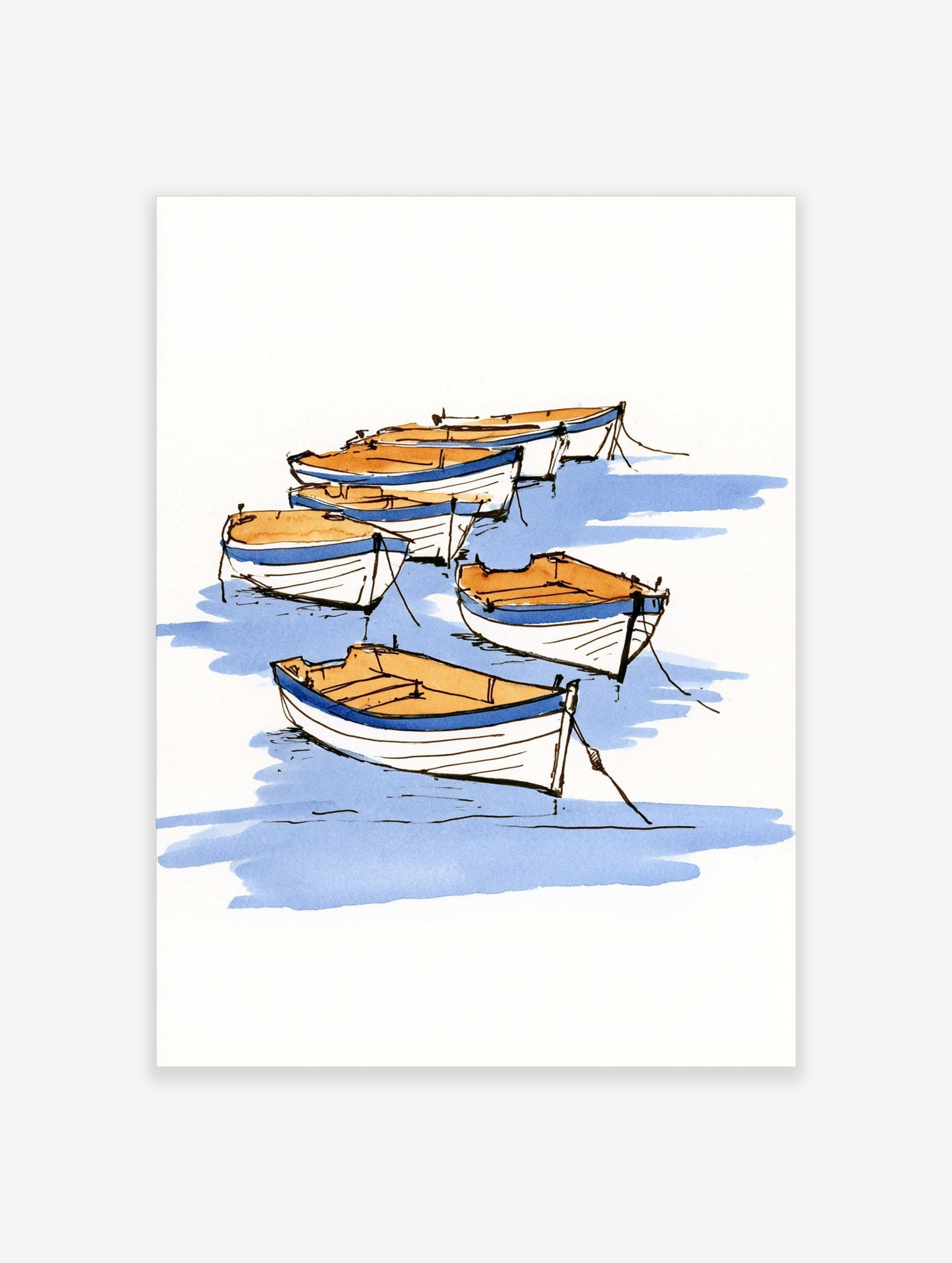 Sketch-style rowing boat illustration with blue water and tan boats on a white background