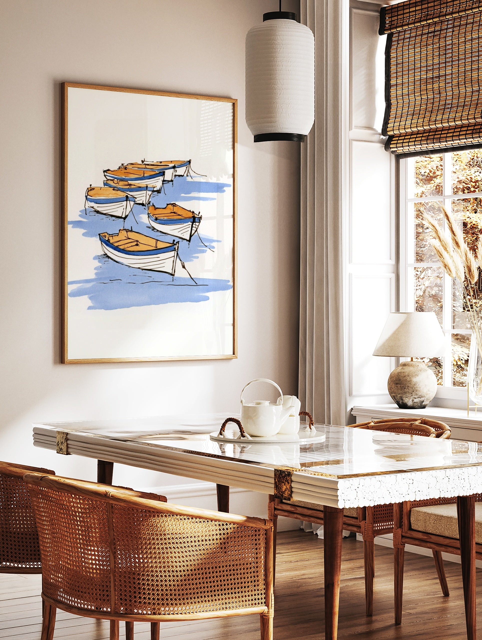 Sketch-style rowing boat illustration with blue water and tan boats on a white background, in a styled room mockup