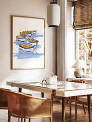 Sketch-style rowing boat illustration with blue water and tan boats on a white background, in a styled room mockup