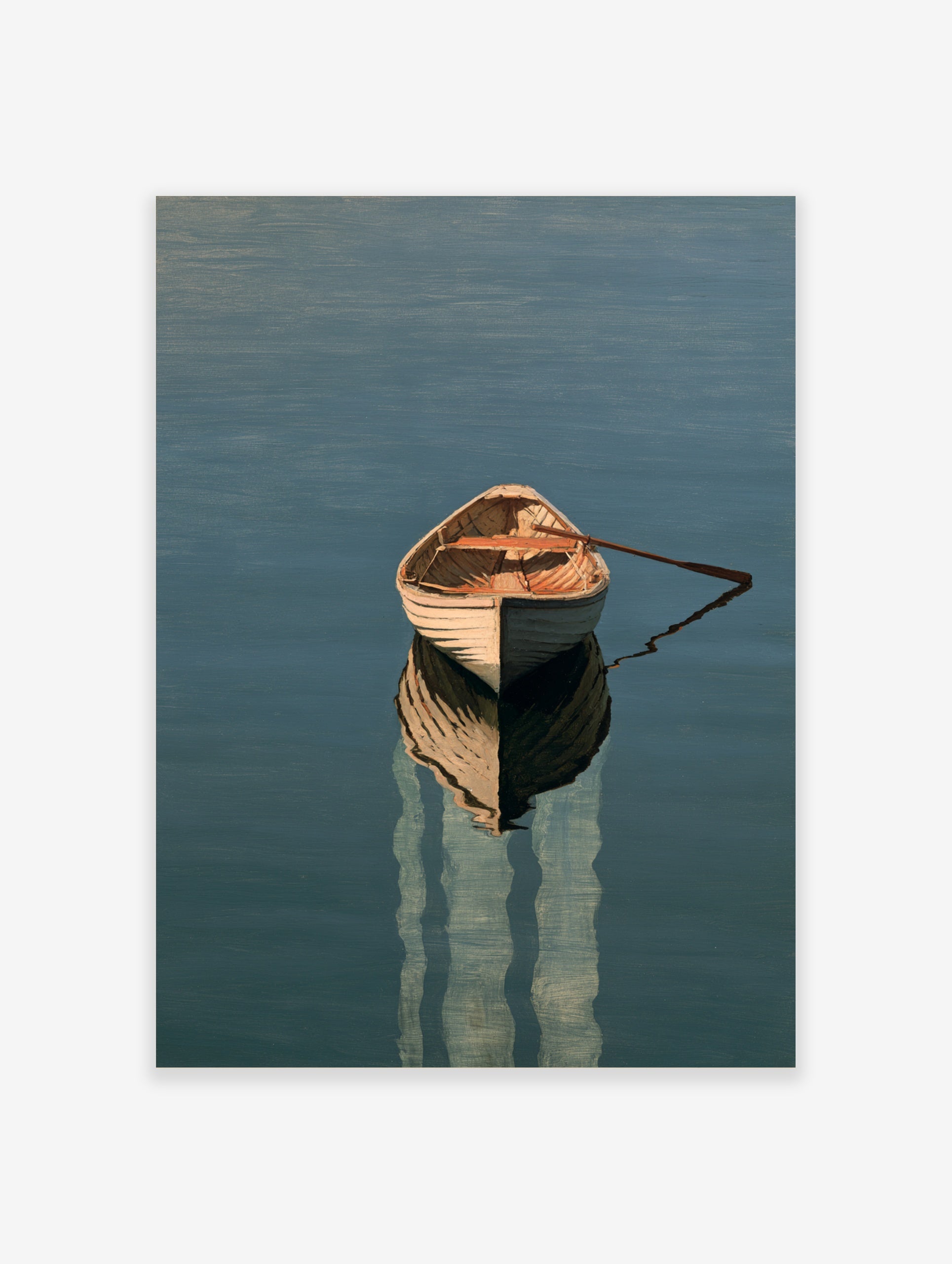 A wooden rowing boat floating on calm blue water with a detailed reflection, presented as a minimalist nautical art print