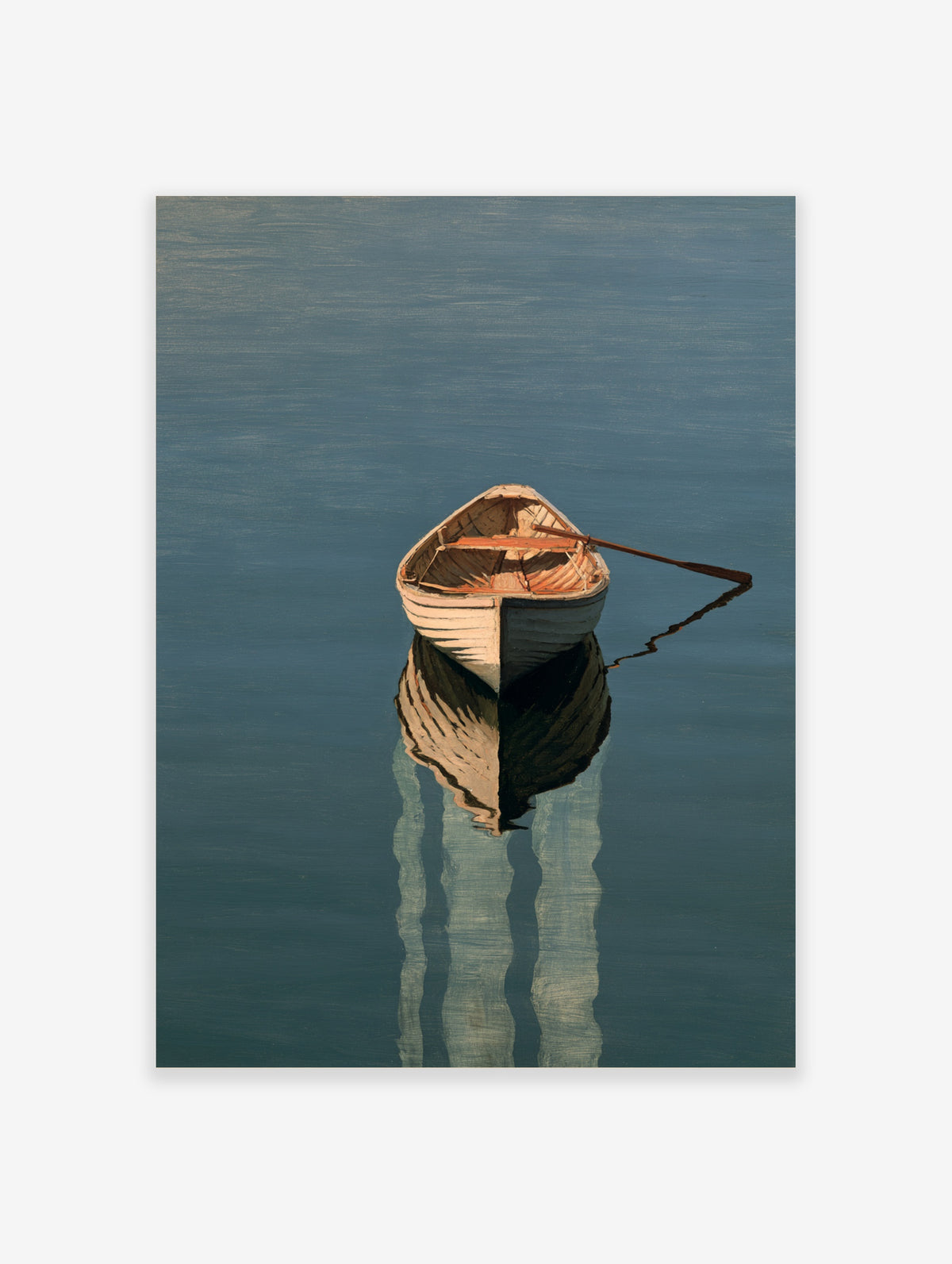A wooden rowing boat floating on calm blue water with a detailed reflection, presented as a minimalist nautical art print
