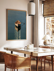 A wooden rowing boat floating on calm blue water with a detailed reflection, presented as a, in a styled room mockup
