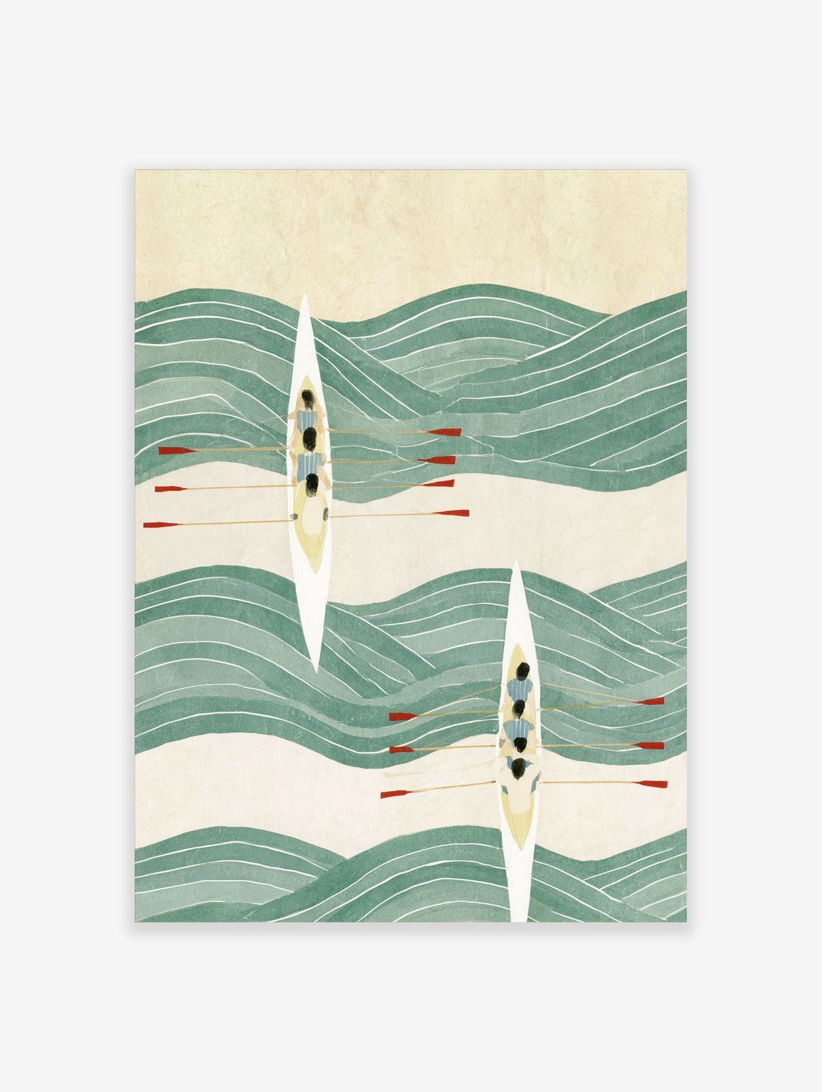 Rowing boat art print with three rowers on green stylised waves, cream background, portrait illustration