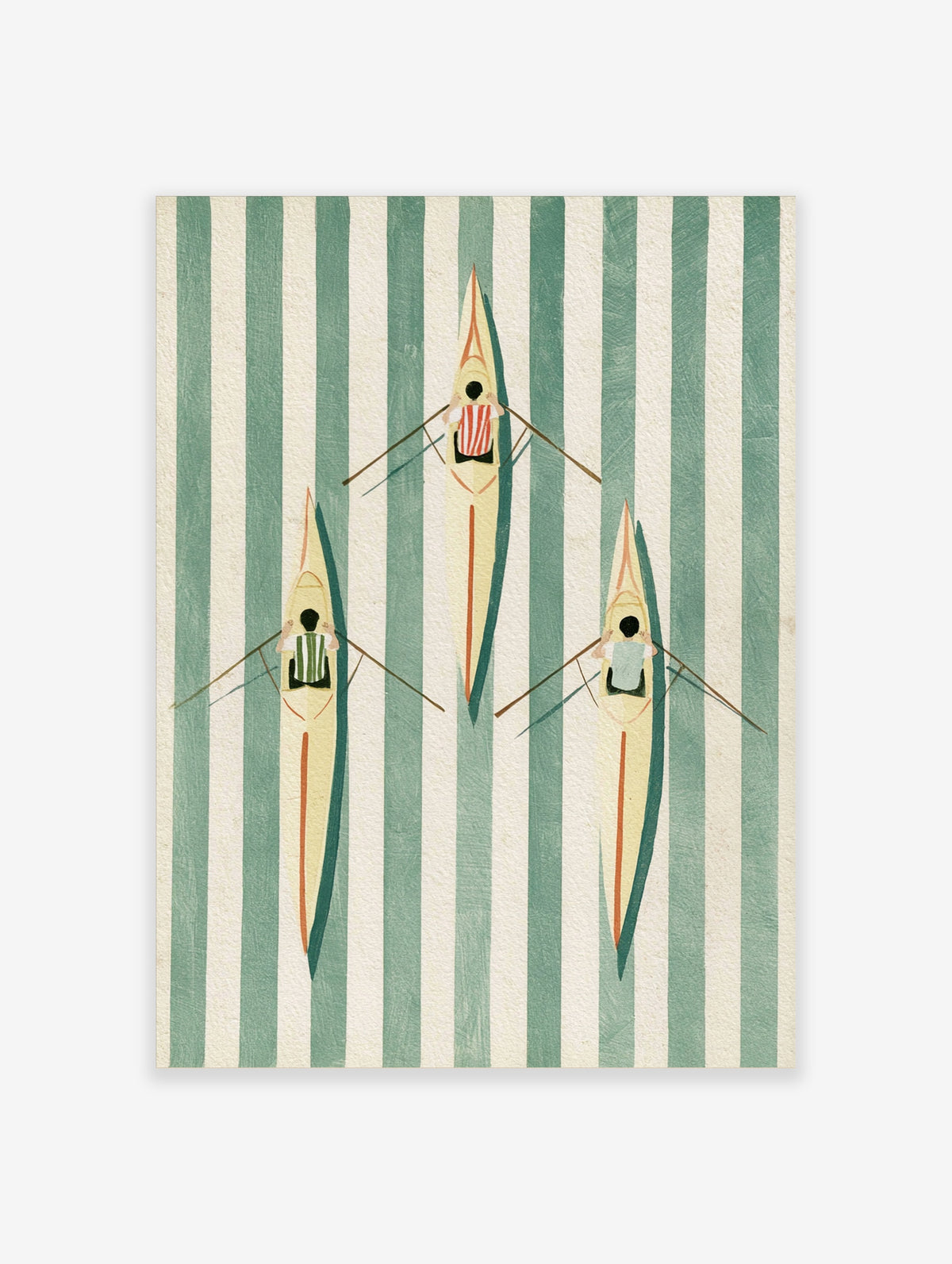 Three rowers in sculling boats on a green and cream striped background, rowing crew poster