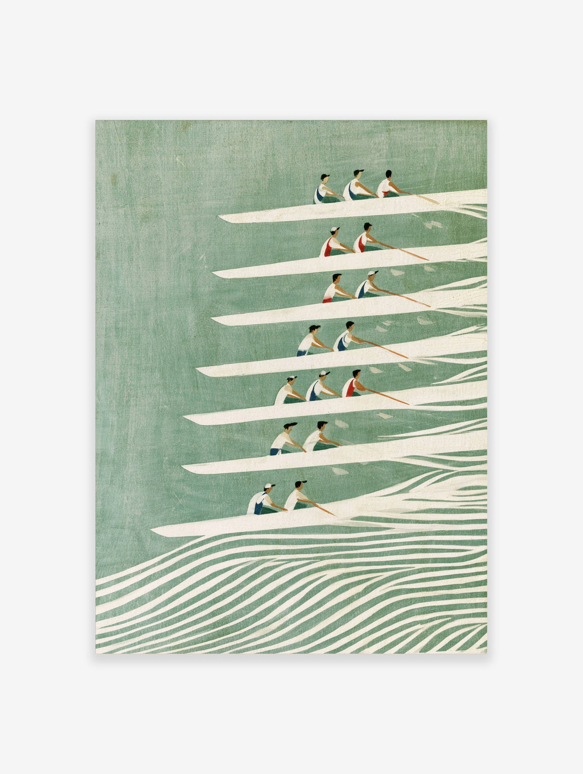 Rowing team poster with seven white boats and rowers on green water, vertical sports wall art print
