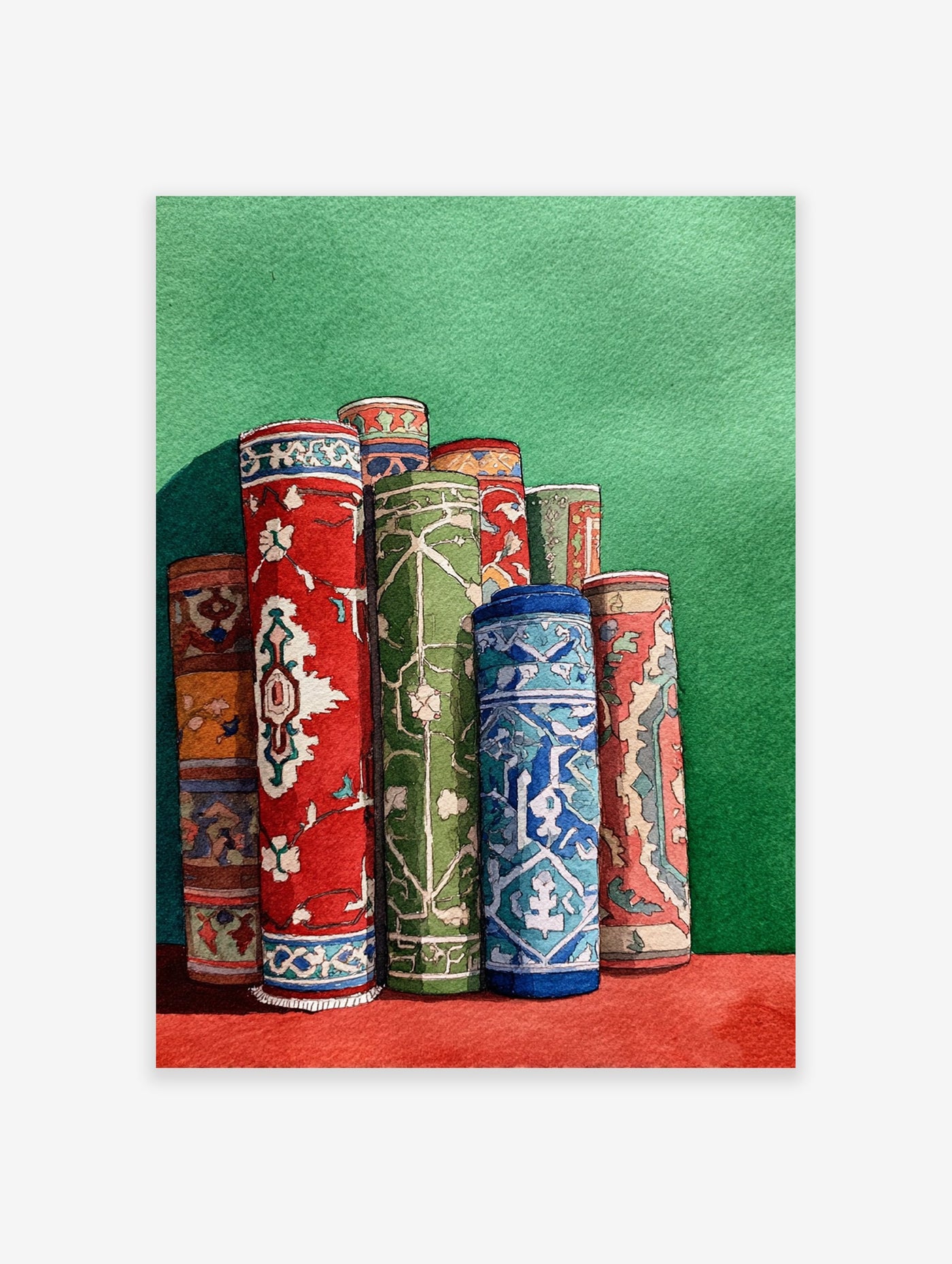 Watercolor rug art print depicting several rolled colorful carpets with intricate cultural patterns against a green wall.