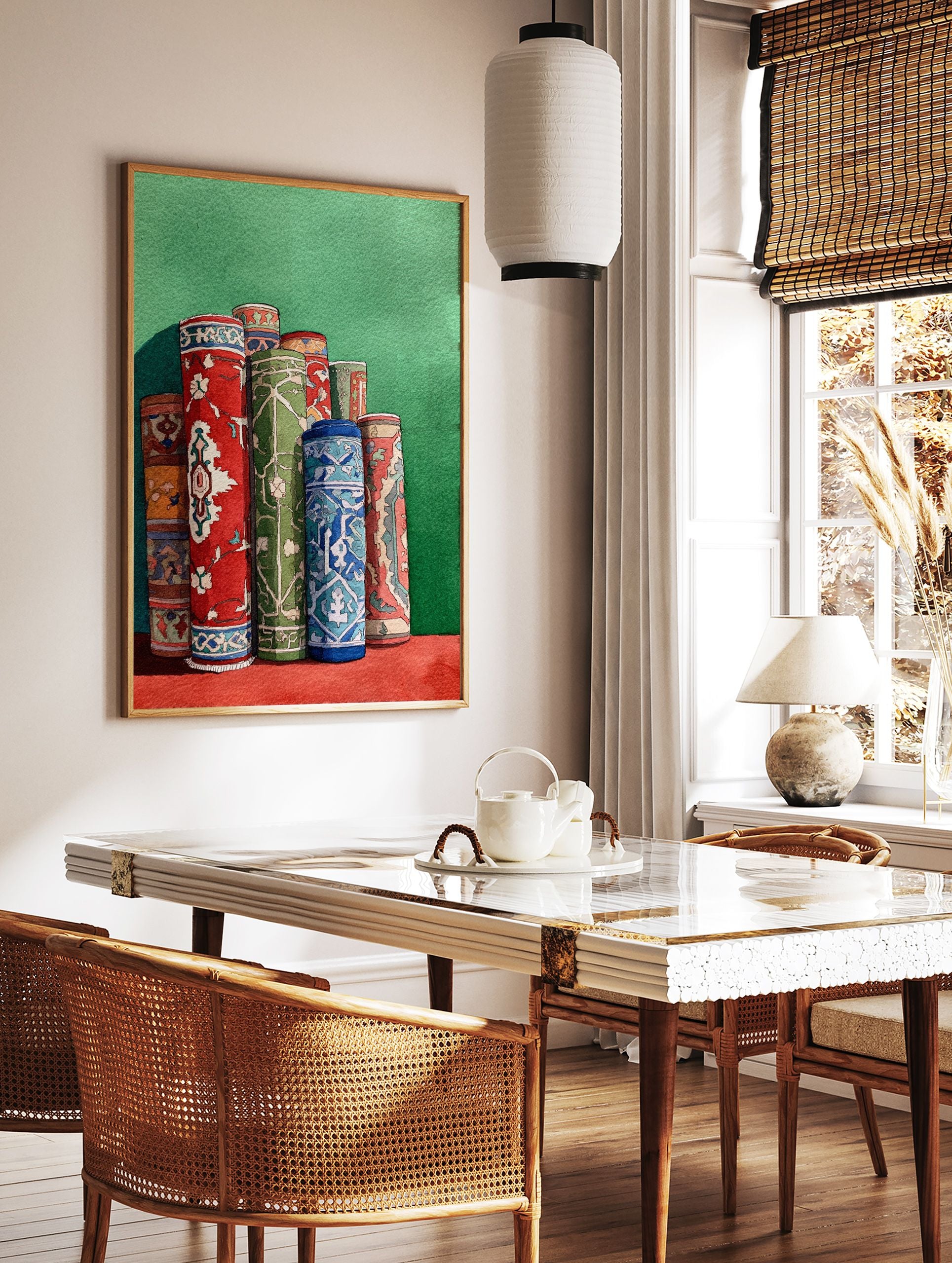 Watercolor rug art print depicting several rolled colorful carpets with intricate cultural patterns against a green wall. - Image 2
