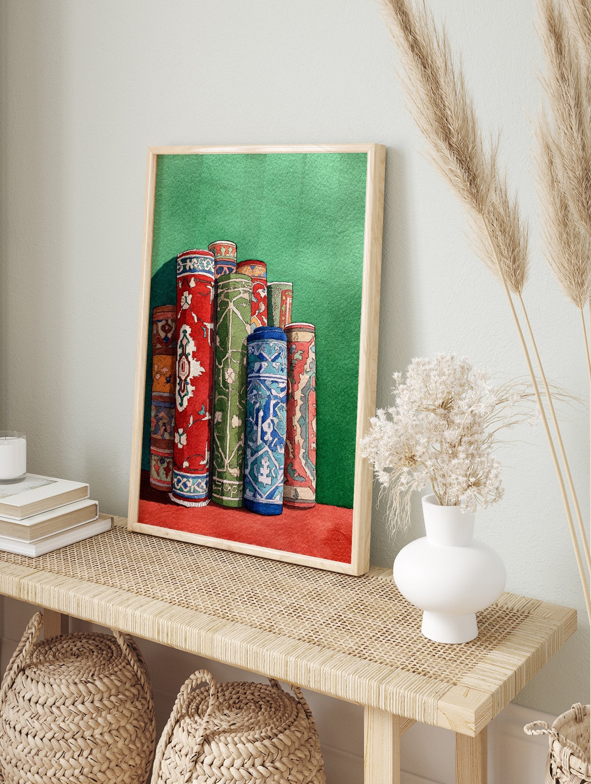 Watercolor rug art print depicting several rolled colorful carpets with intricate cultural patterns against a green wall. - Image 3